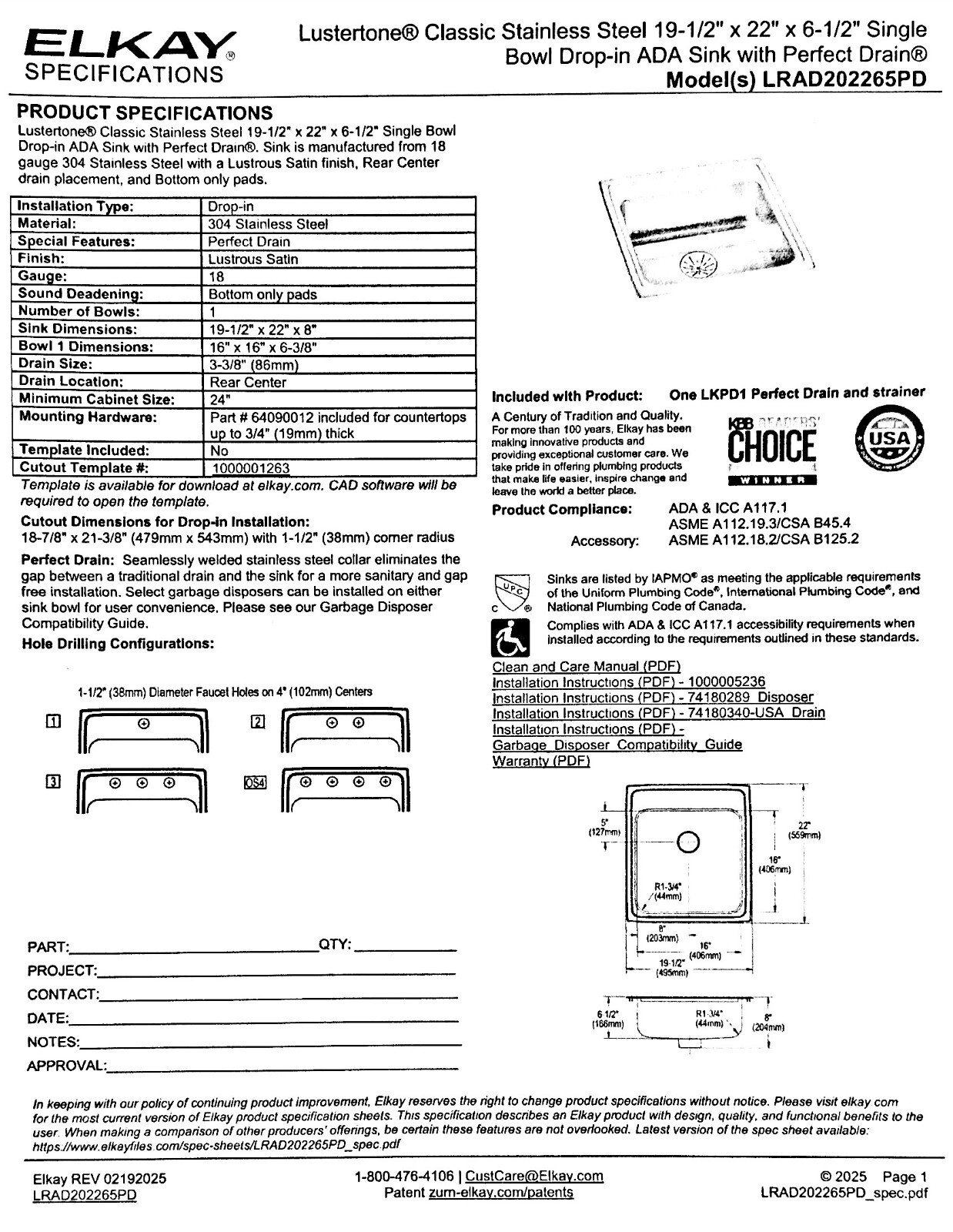Elkay LRAD202265PD1 – 1-Bowl, 1-Hole, 18-Gauge 19x22x8″ Stainless Steel Sink