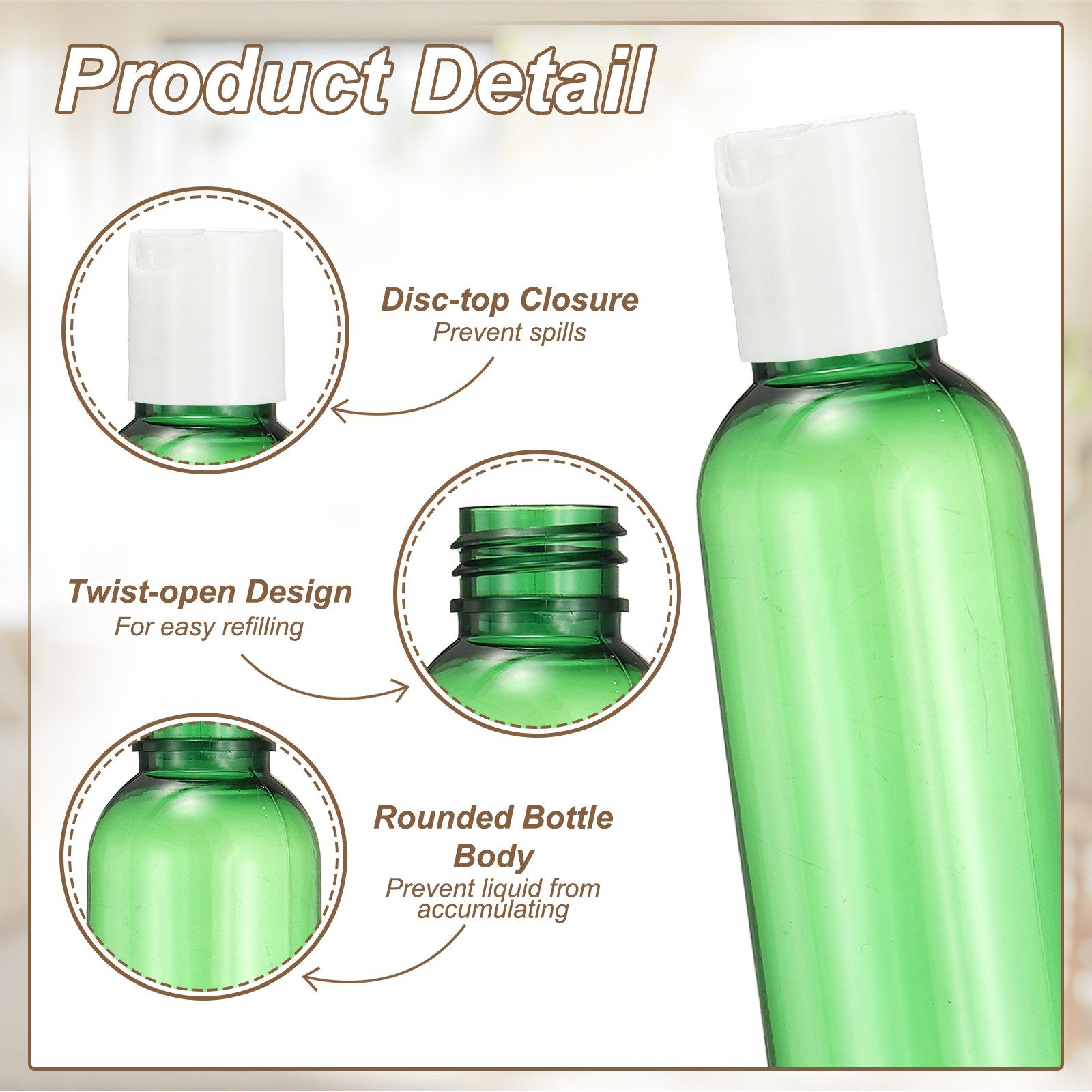 6Pcs 2oz Plastic Travel Bottles, Empty Bottles with White Top Caps, Green