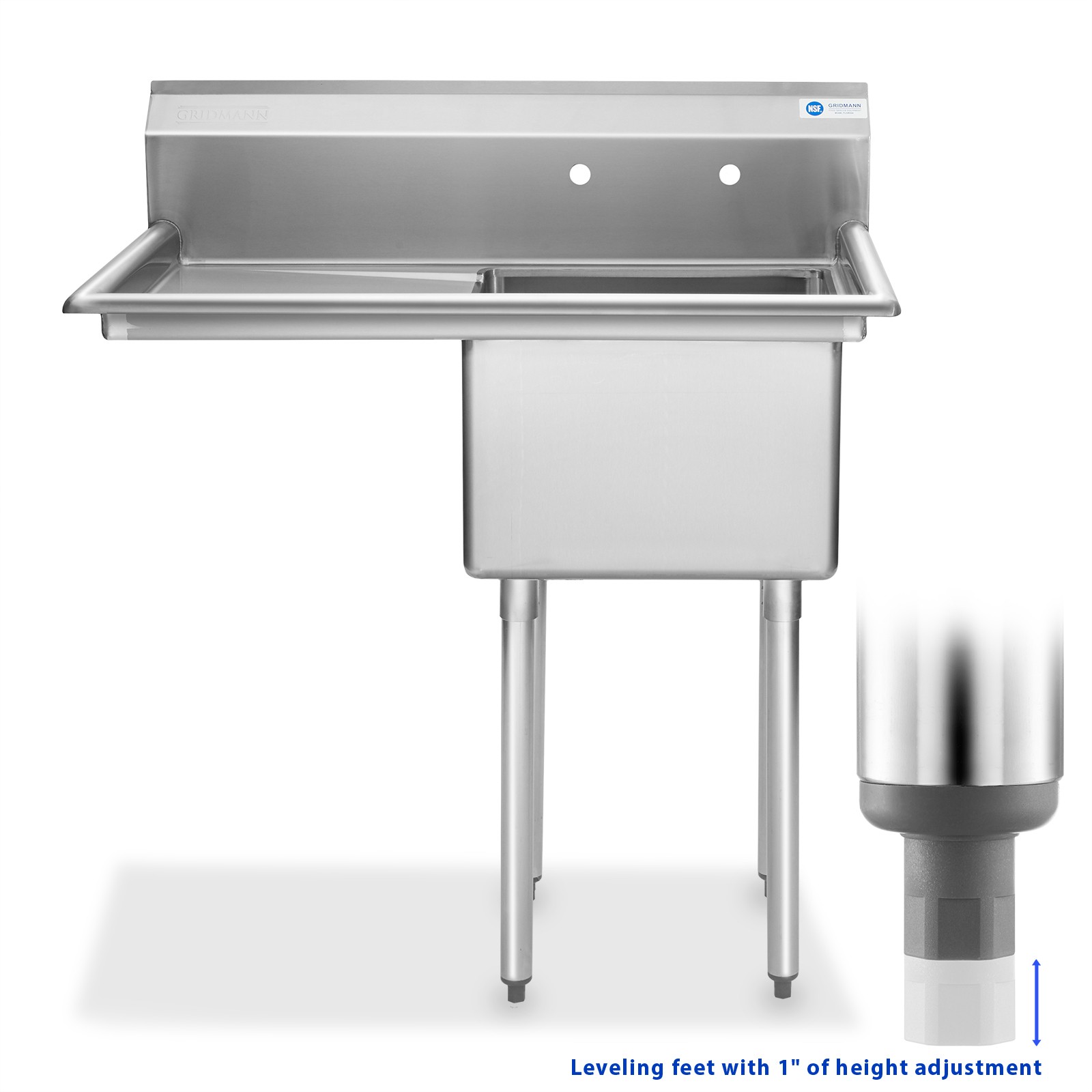 NSF Stainless Steel 18″ Single Bowl Commercial Kitchen Sink w/ Left Drainboard