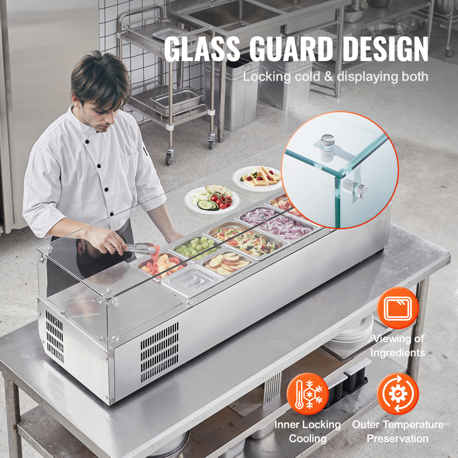 VEVOR 60″ Countertop Refrigerated Salad Pizza Prep Station 150 W Glass Guard ETL