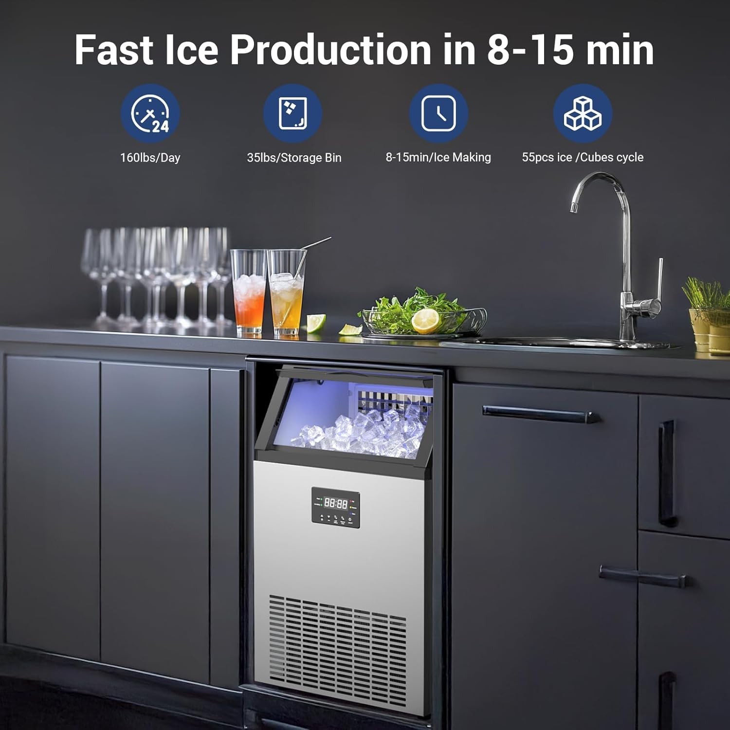 160LB/24h Built-In Commercial Ice Maker Stainless Ice Cube Machine Freestanding