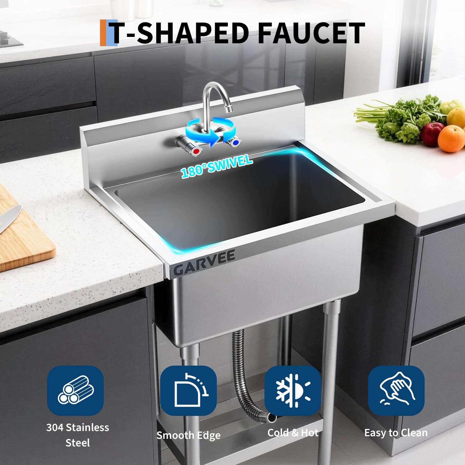 Stainless Steel Utility Sink Freestanding Commercial Single Bowl Kitchen Sink