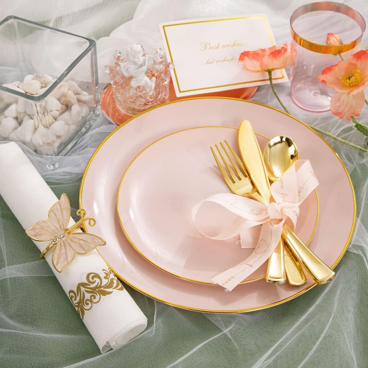 210Pcs Plastic Pink Plates with Gold Plastic Silverware Set Include 30Pink