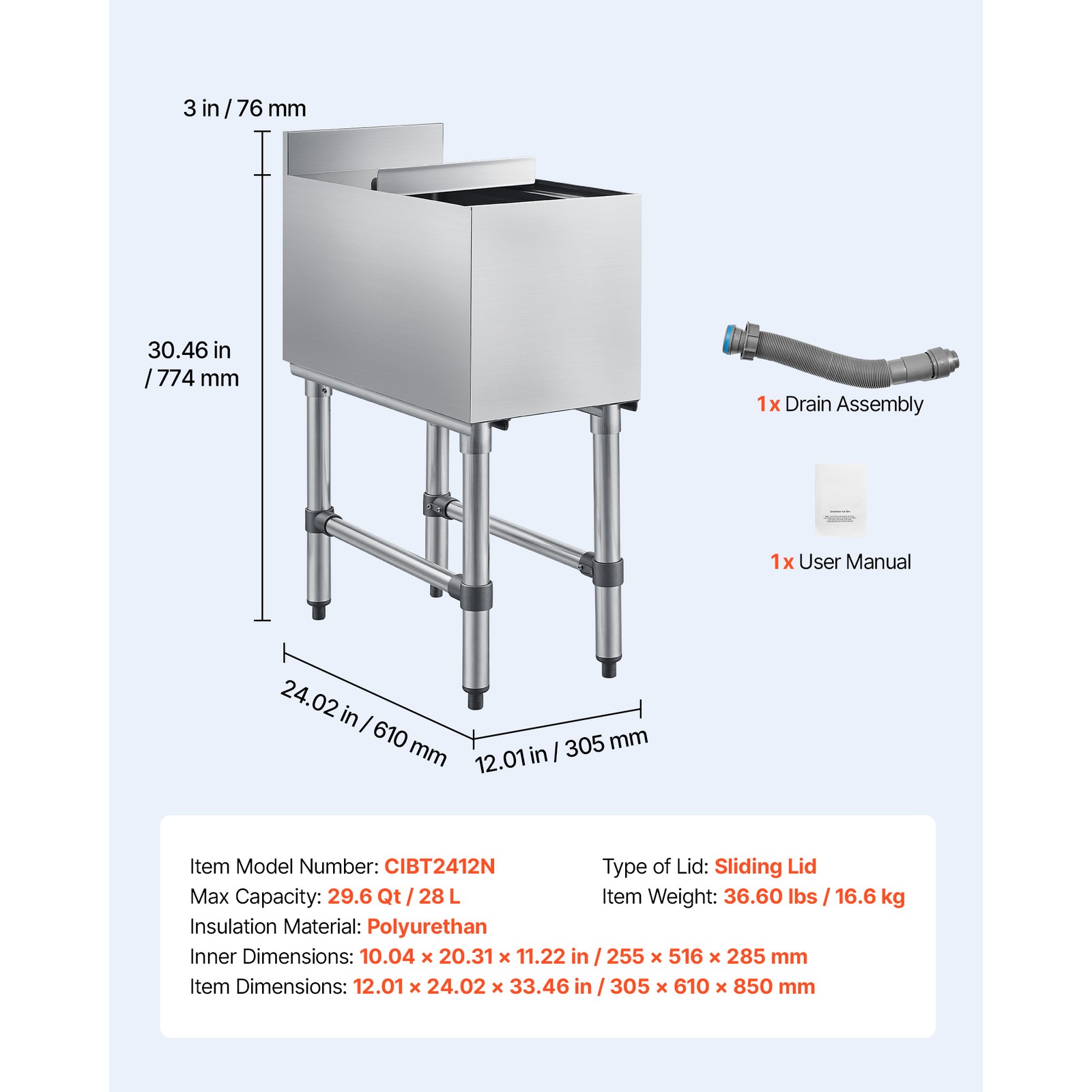 Uimoso 39.6 Qt Commercial Ice Bin 12 x 24 in Underbar Ice Bin with Sliding Cover