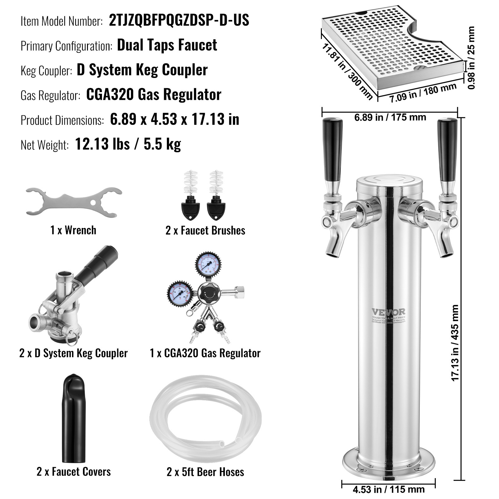 VEVOR Kegerator Tower Kit Double Taps Beer Conversion Kit with Beer Drip Tray
