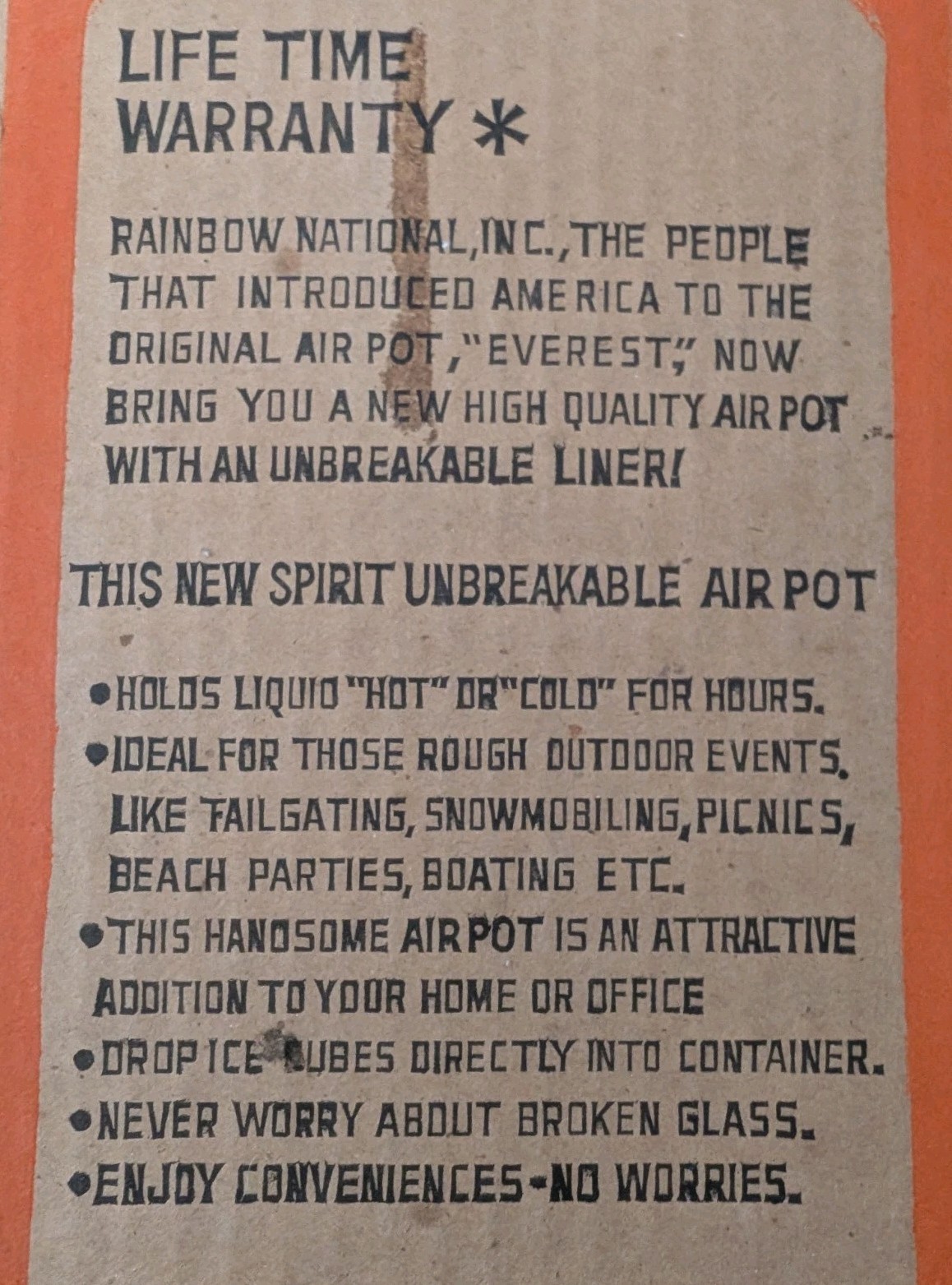 RAINBOW NATIONAL Unbreakable AIRPOT Coffee Drink Dispenser Hot Cold Liquids VTG