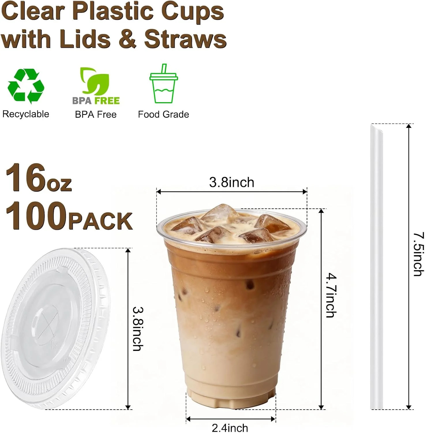 100 Pack 16oz Clear Plastic Cups with Lids & Straws, Leak-Proof Disposable Iced