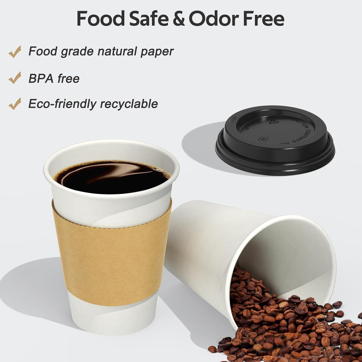100 Pack 12 oz Disposable Coffee Cups with Lids and Sleeves – Leak Free Hot Cups