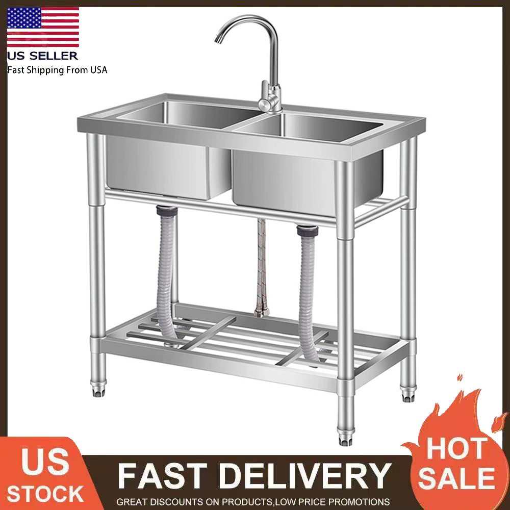 33 Inch Stainless Steel Utility Sink, Free Standing Double Bowl Commercial Sink