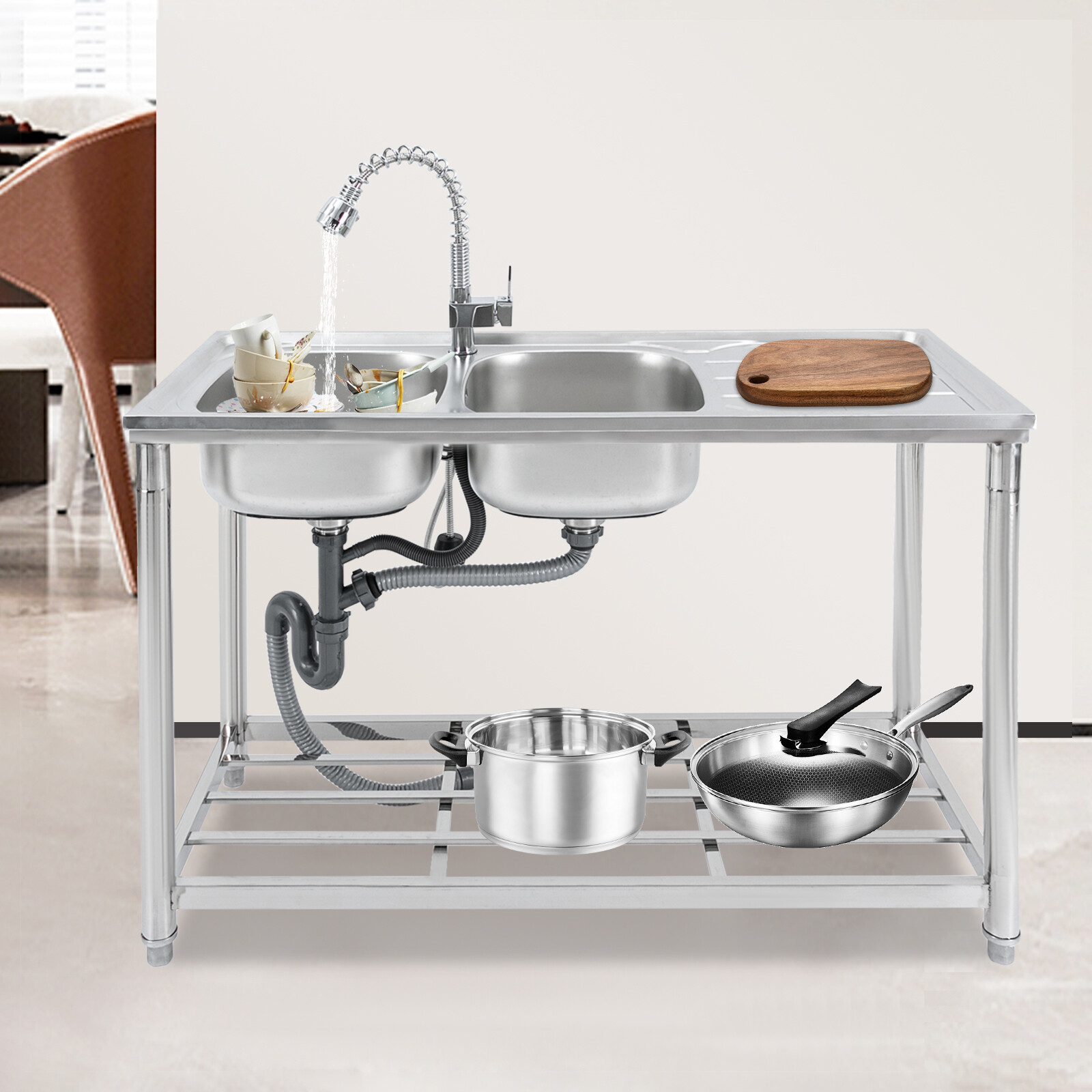 Stainless Steel Double Bowl Utility Sink with Pull-Out Faucet and Storage