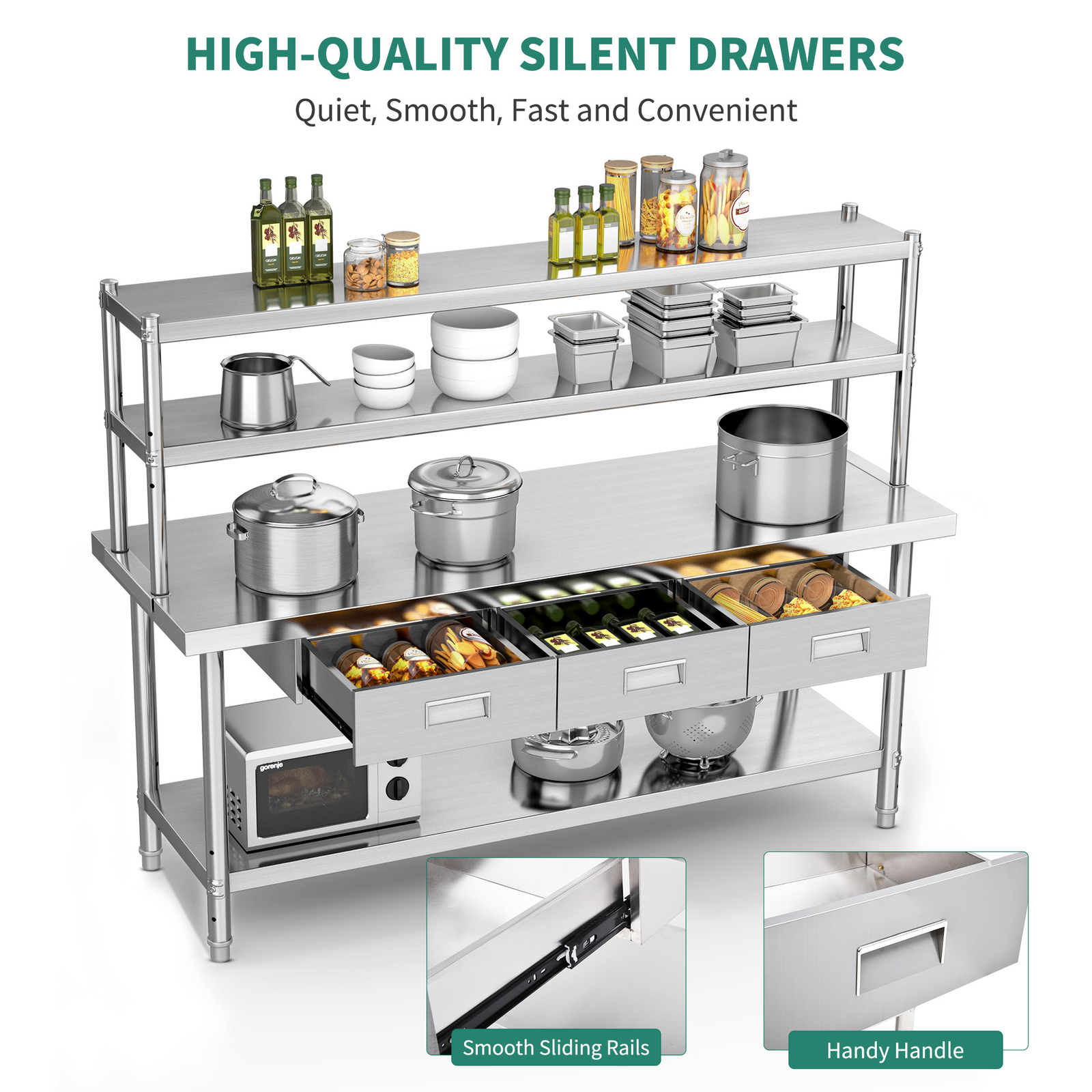 TAUS Stainless Steel Table 72″X24″ Work Prep Table with Overshelves & 3 Drawers