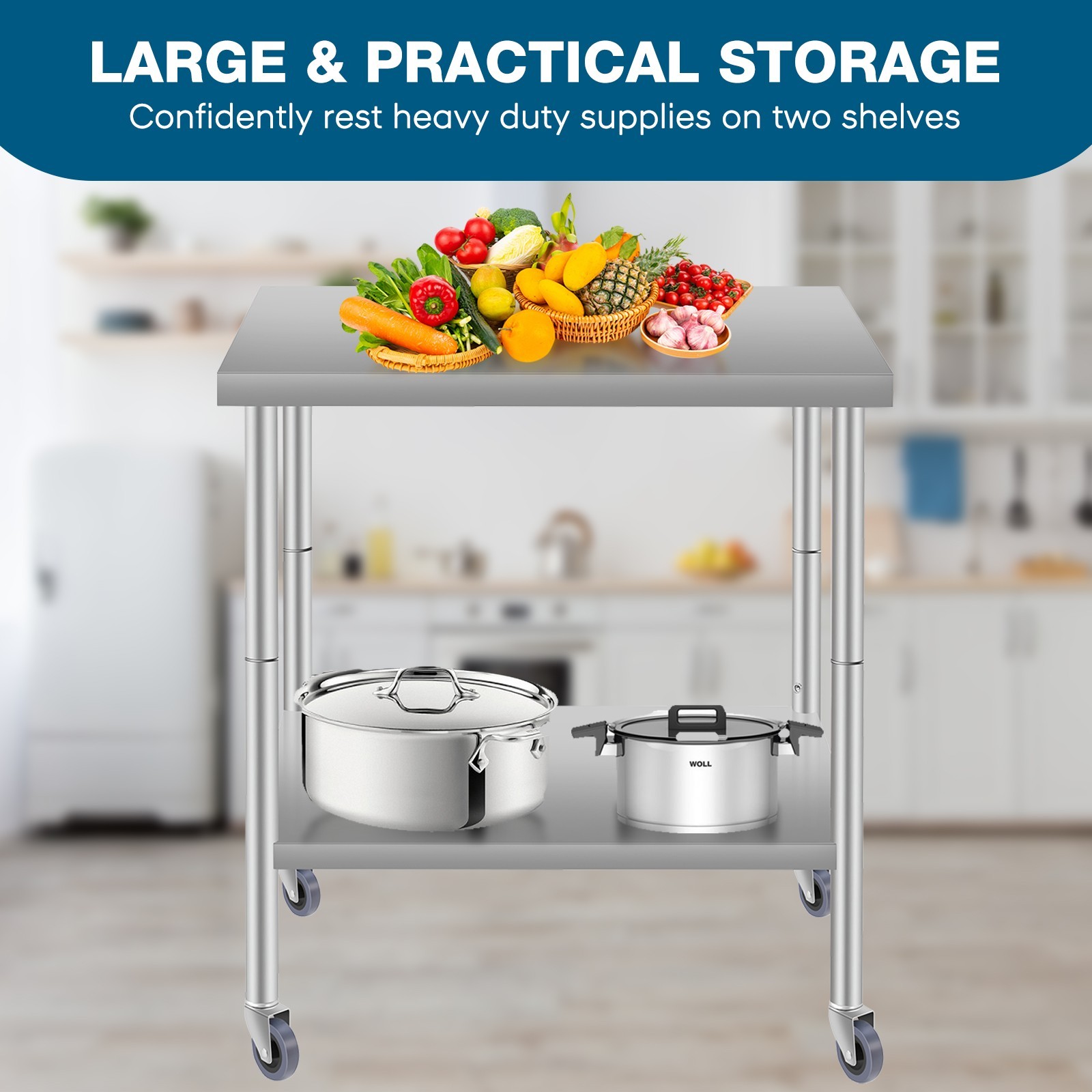 Stainless steel work prep table on wheels 36×24 inches for kitchen or garage