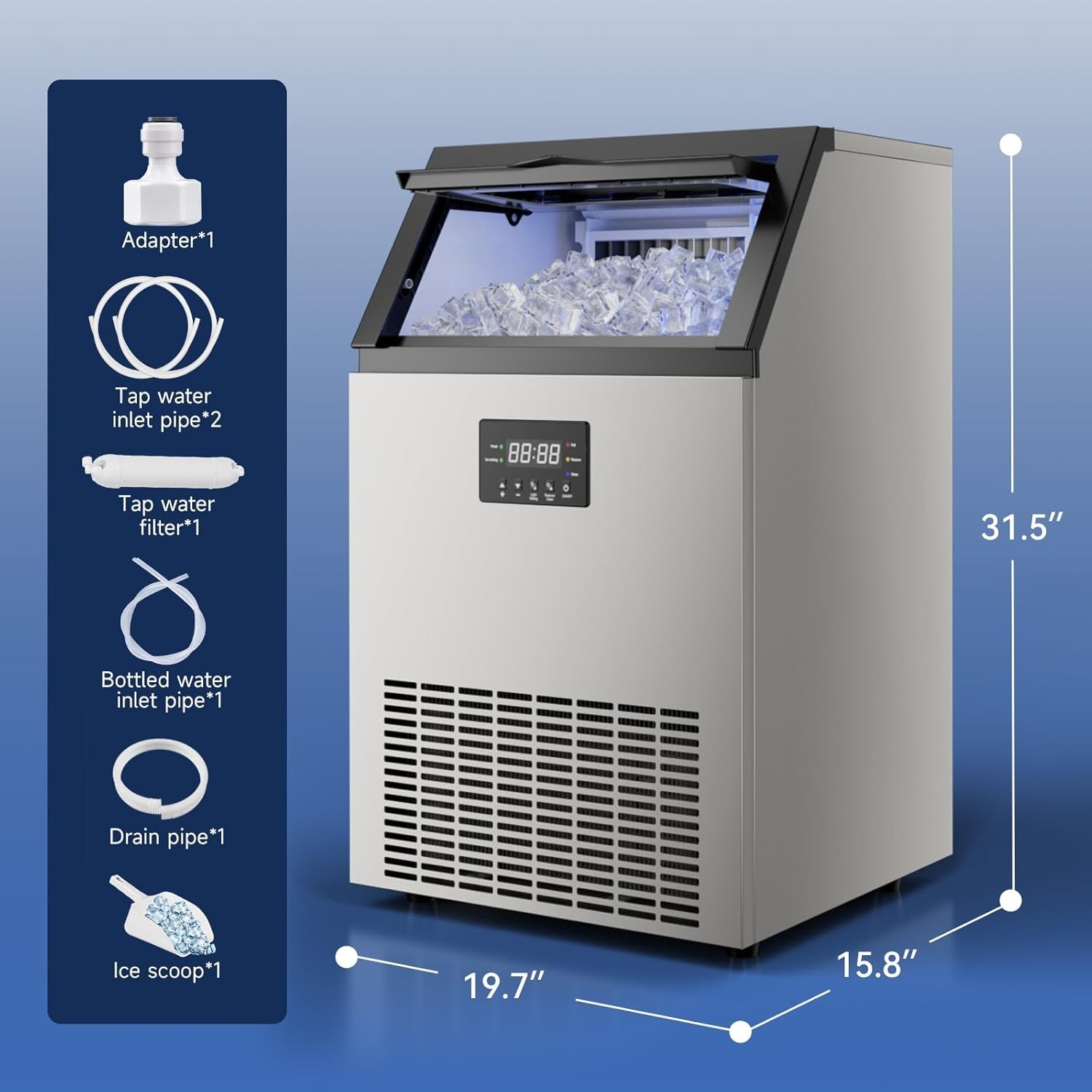 200lbs/24H Commercial Ice Maker Under Counter Freestanding Full ice Cube Machine