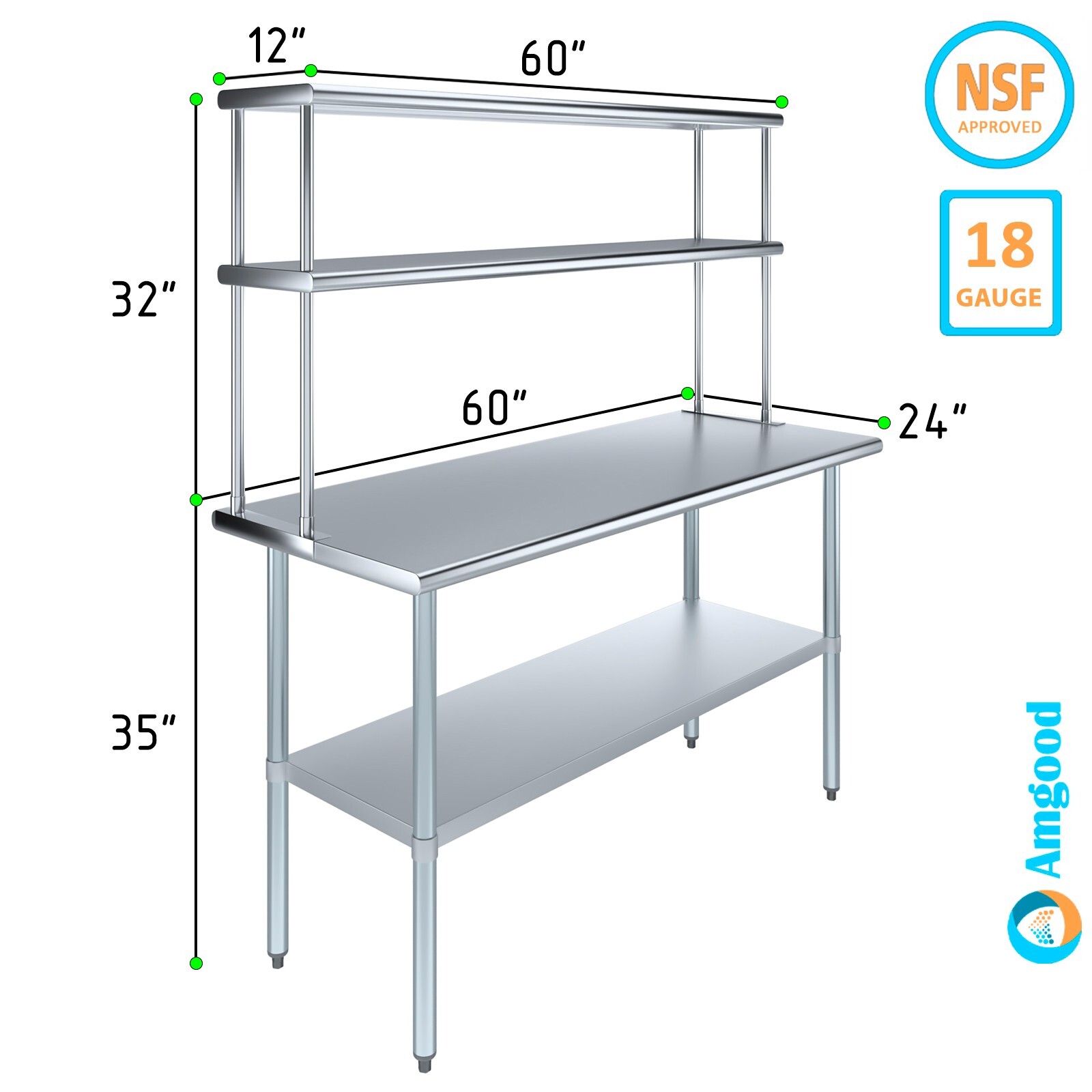 24 in. x 60 in. Stainless Steel Work Table & 12 in. Wide Double Tier Overshelf