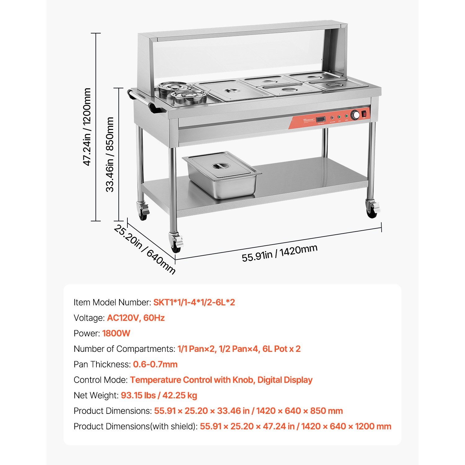 Uimoso 5 Pans + 2 Pots Commercial Food Warmer Steam Table with Undershelf Shield