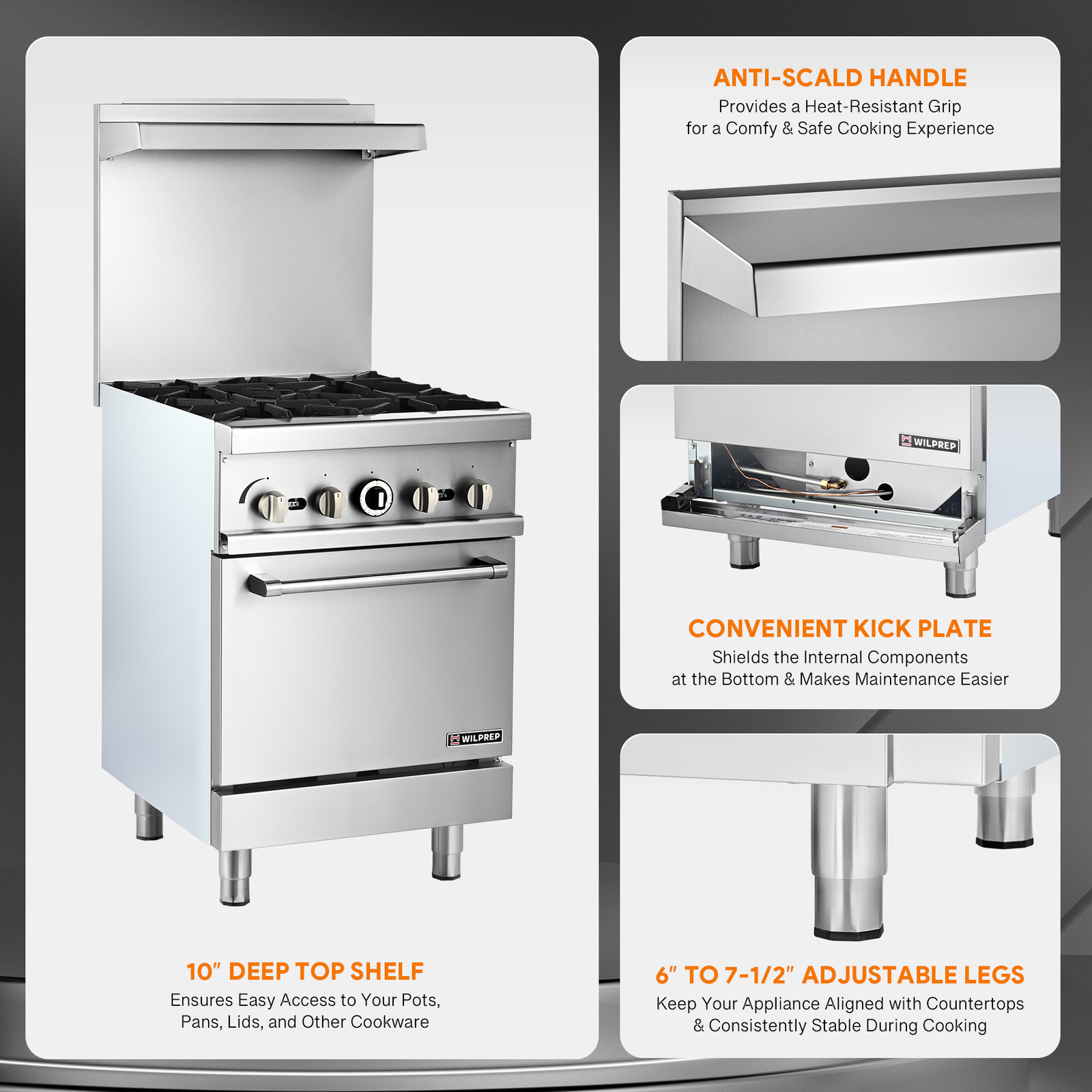 WILPREP 24″ Commercial Gas Range + Oven 4 Burners 153000 BTU Capacity NG & LP