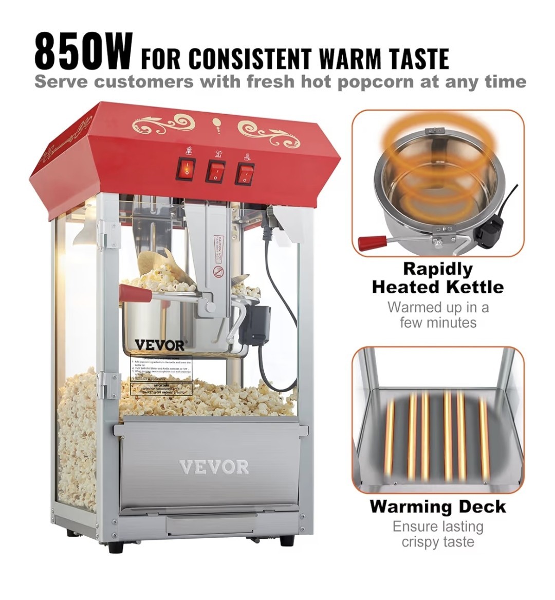 Luxury Commercial Popcorn Machine 850 W Countertop 48 Cups/Batch Theater Style