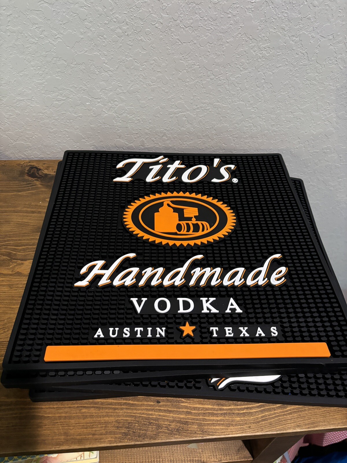Tito’s Vodka Waitstation Bar Mat Black/White/Orange Square 16″ x 16 Austin Texas
