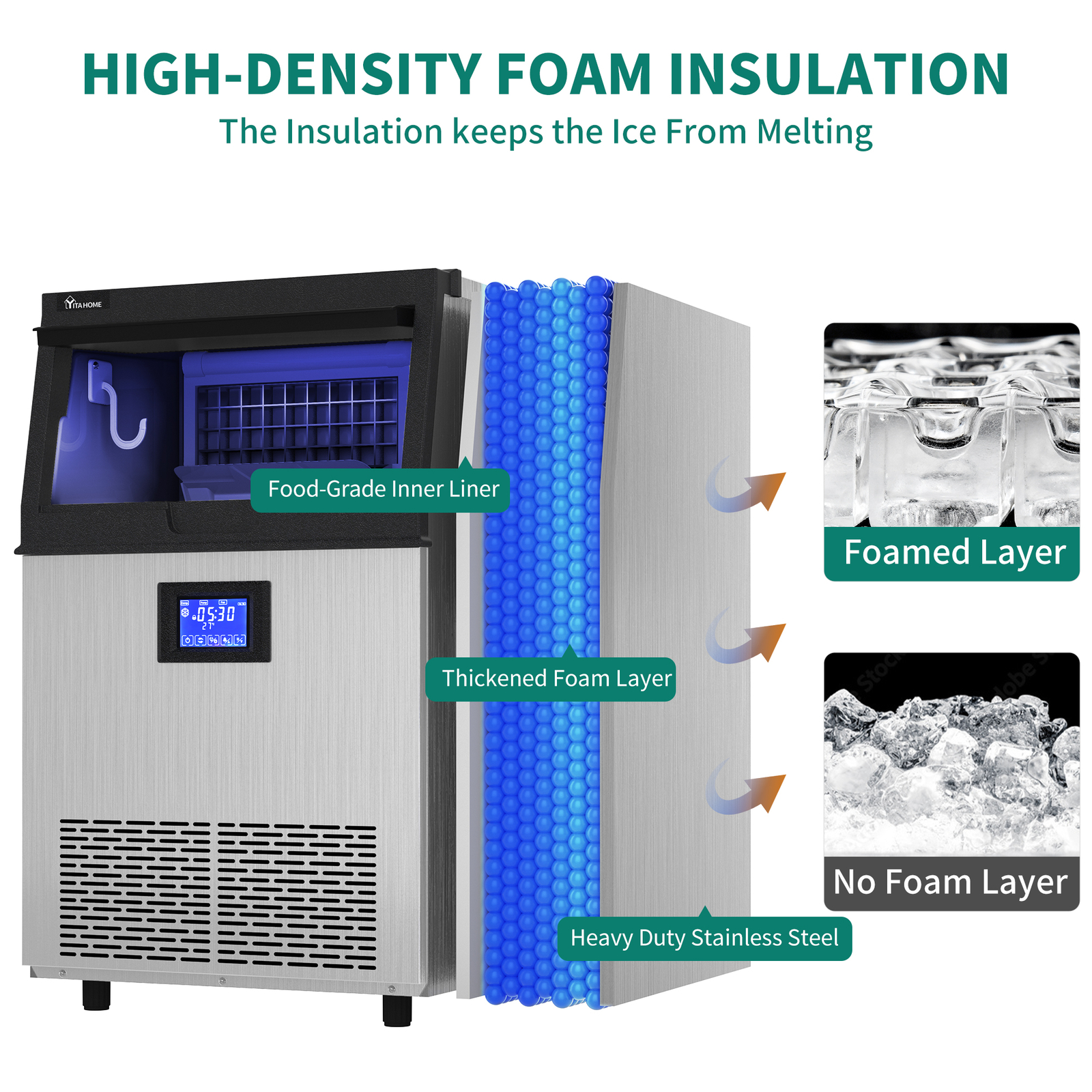 Qaualma 120LBS/24H Commercial Ice Maker Stainless Freestanding Ice Cube Machine