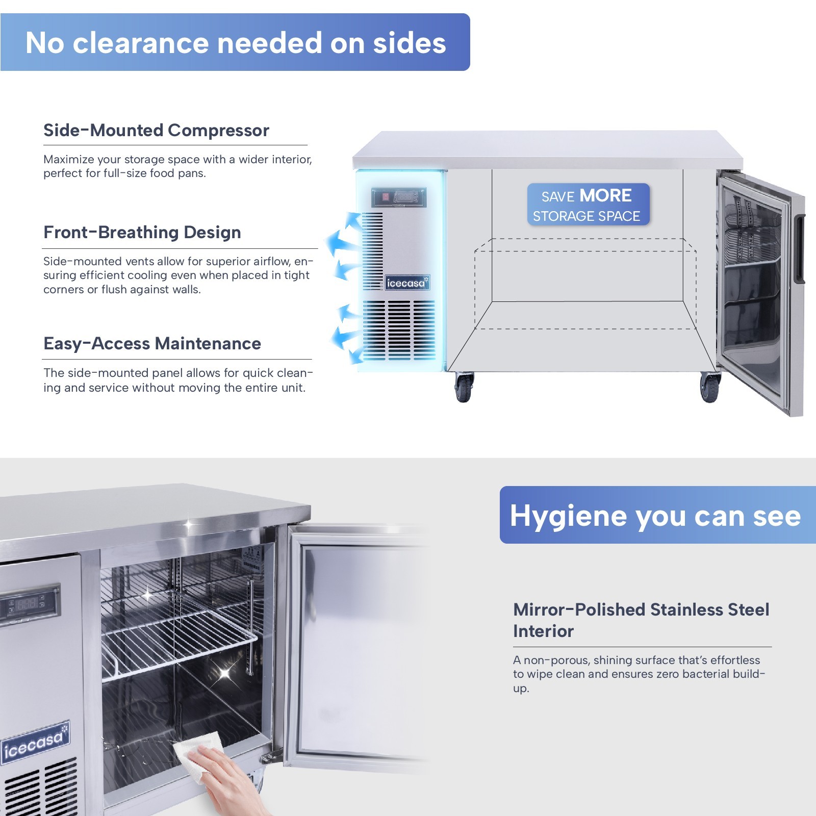 ICECASA 48″ Commercial Worktop Freezer Undercounter Stainless Steel Fridge