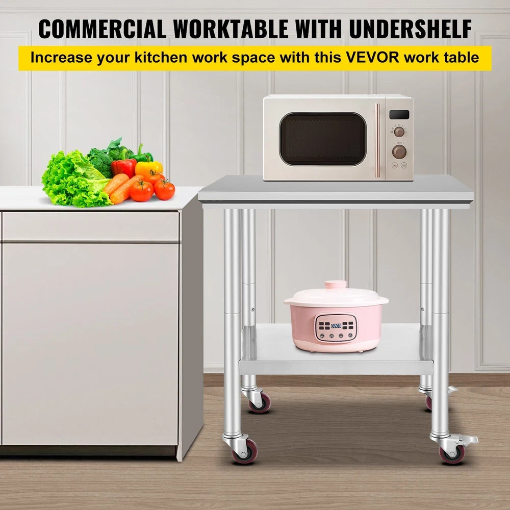 Uimoso Rolling Stainless Steel Work Table 30″x24″ Cart + Casters Undershelf