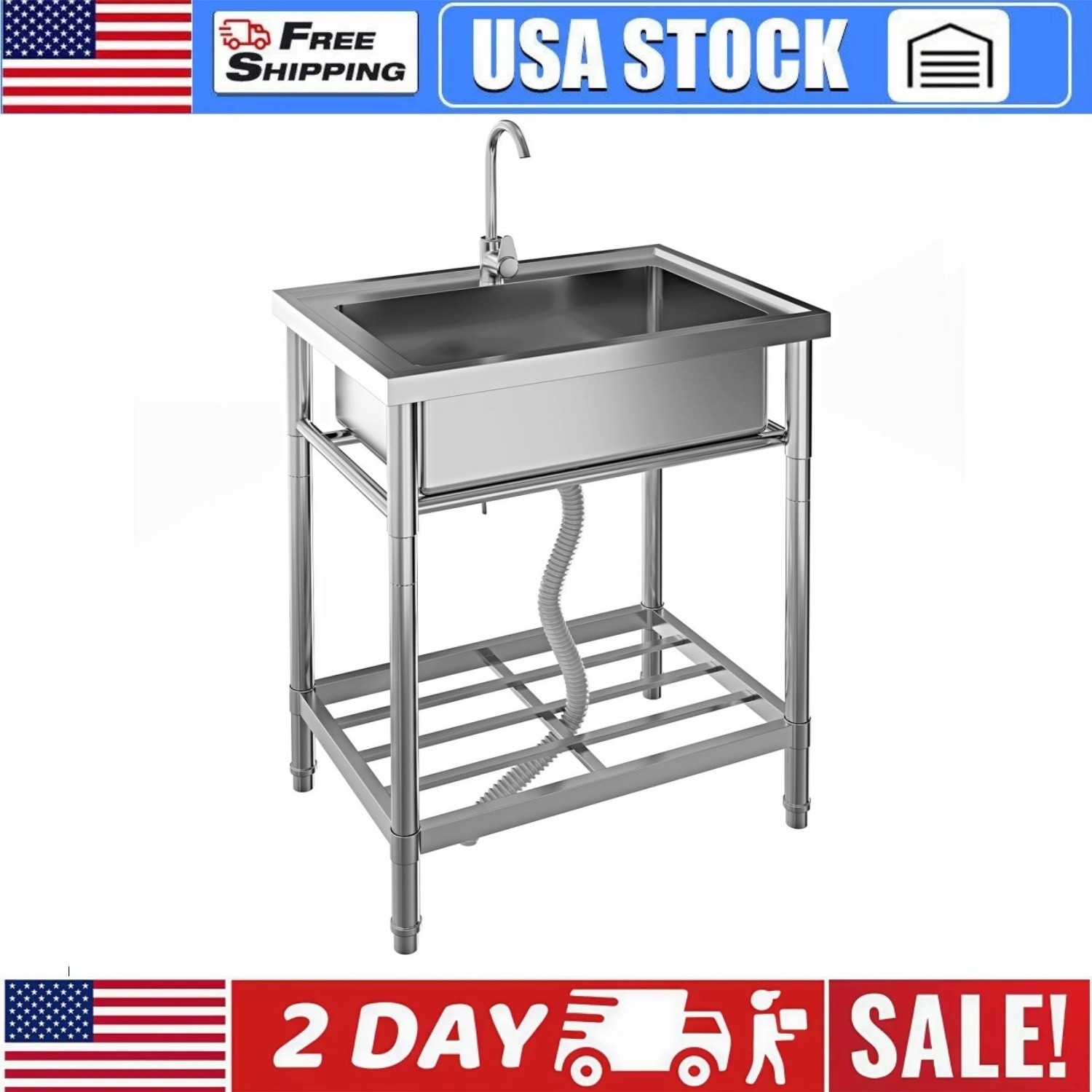 Stainless Steel Utility Sink Free Standing Single Bowl Kitchen Sink with Faucet