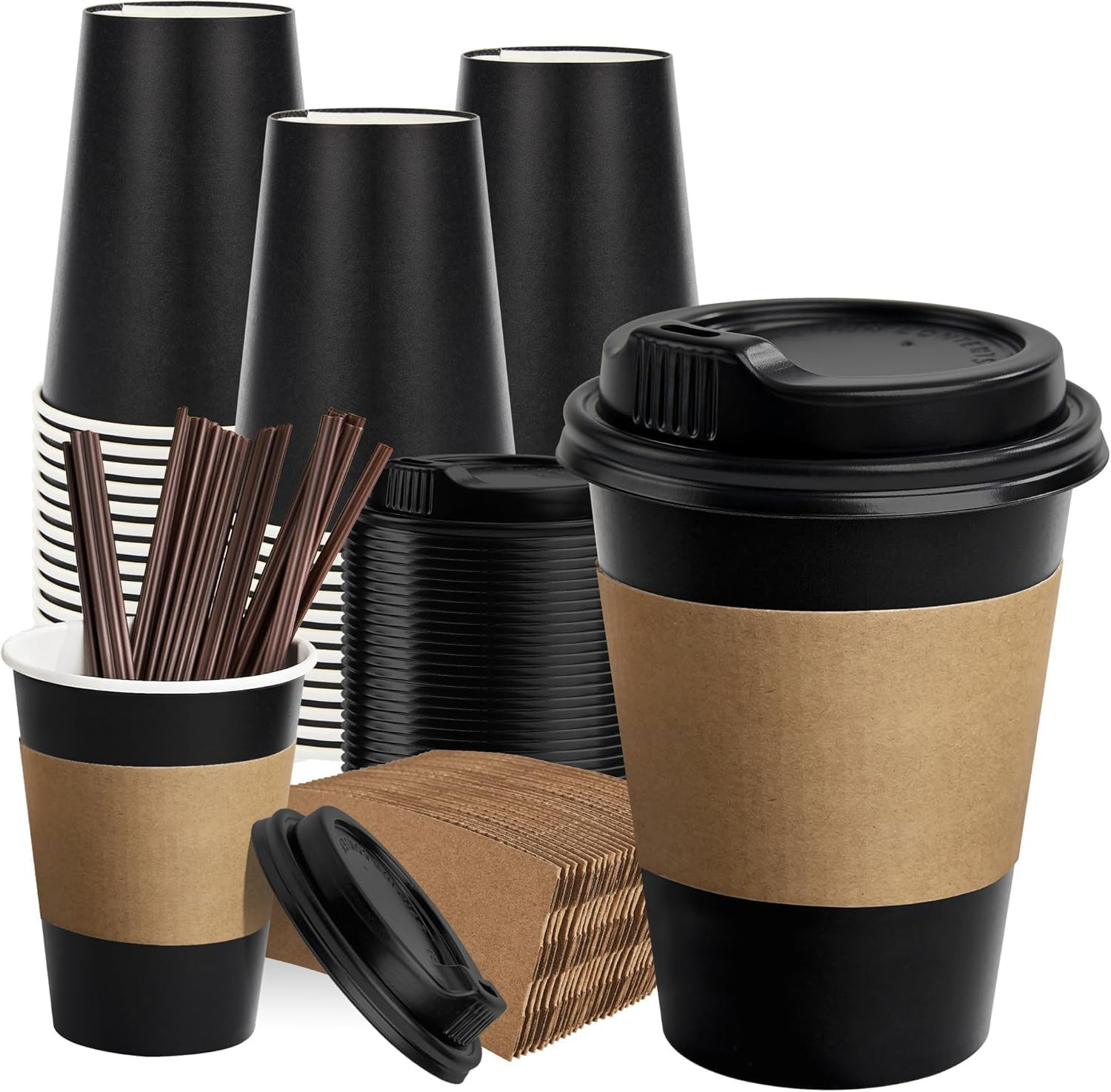 12 Oz Disposable Black Coffee Cups with Lids and Sleeves, 100 Pack