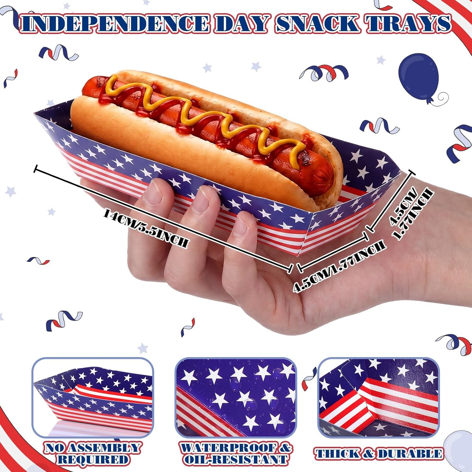 50 Pcs 4th of July Hot Dog Food Trays 5.5 x 1.77 Inch Patriotic Paper Hot Dog