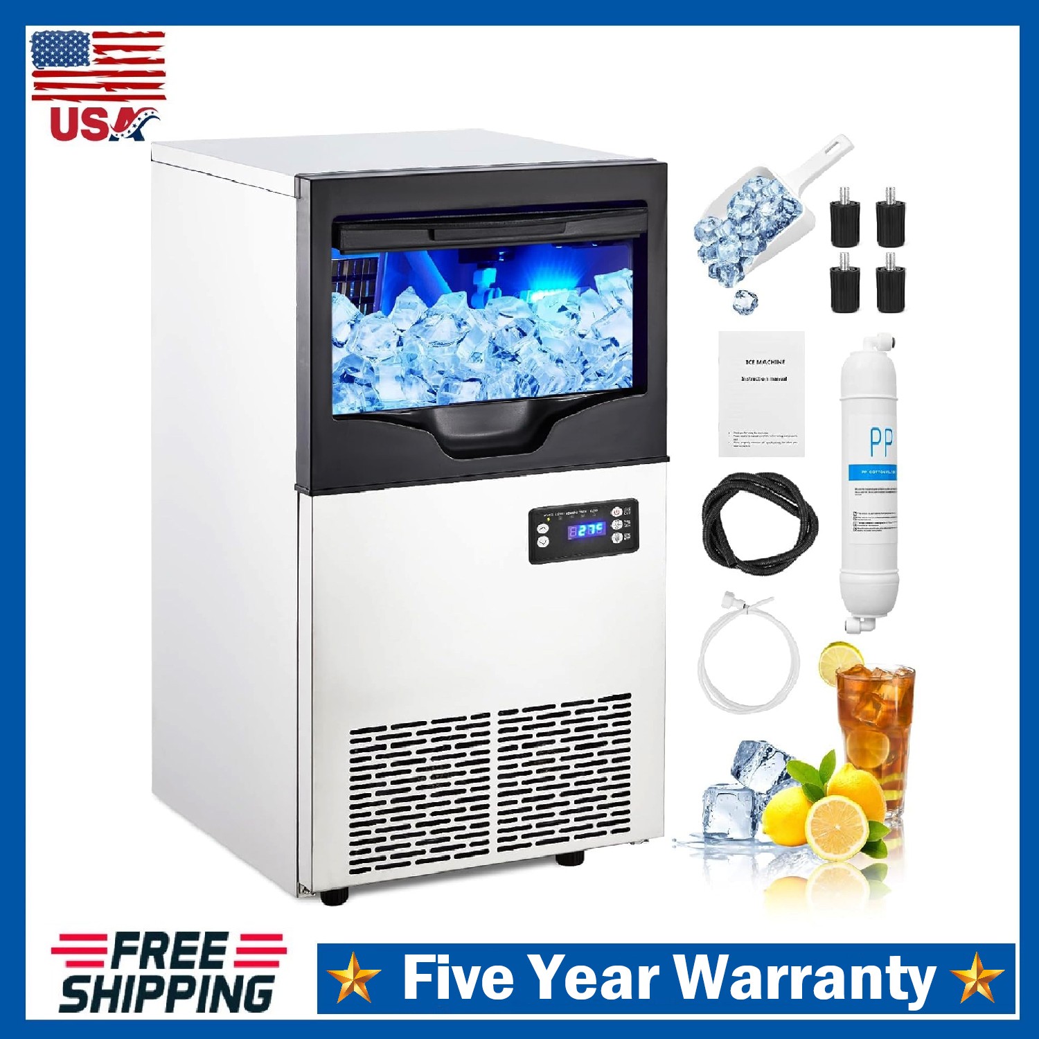 100Lbs/24H Commercial Ice Maker ,Stainless Steel Under Counter Ice Cube Machine