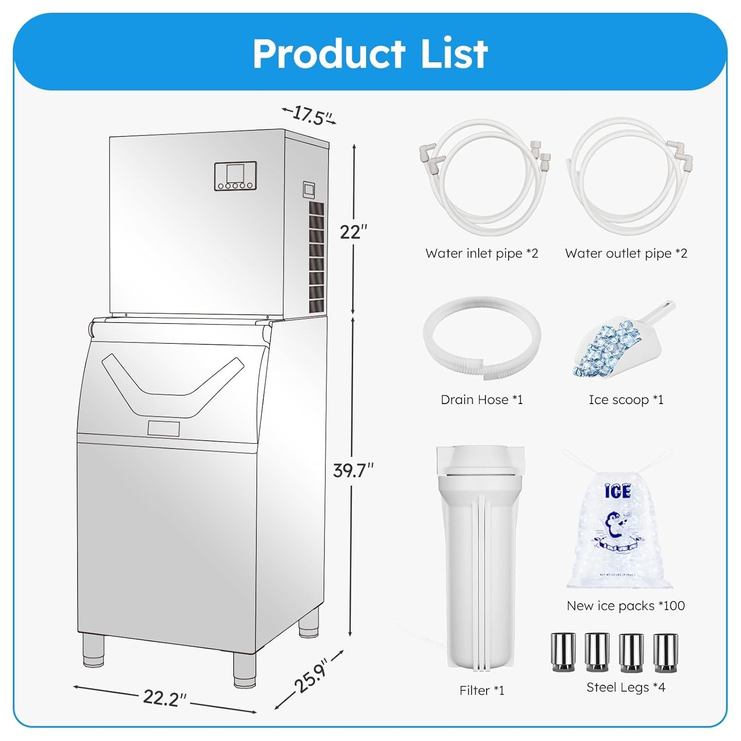 Commercial Ice Maker Machine 650Lbs/24H 400Lbs Storage Bin 210Pcs/CycleIce Cubes