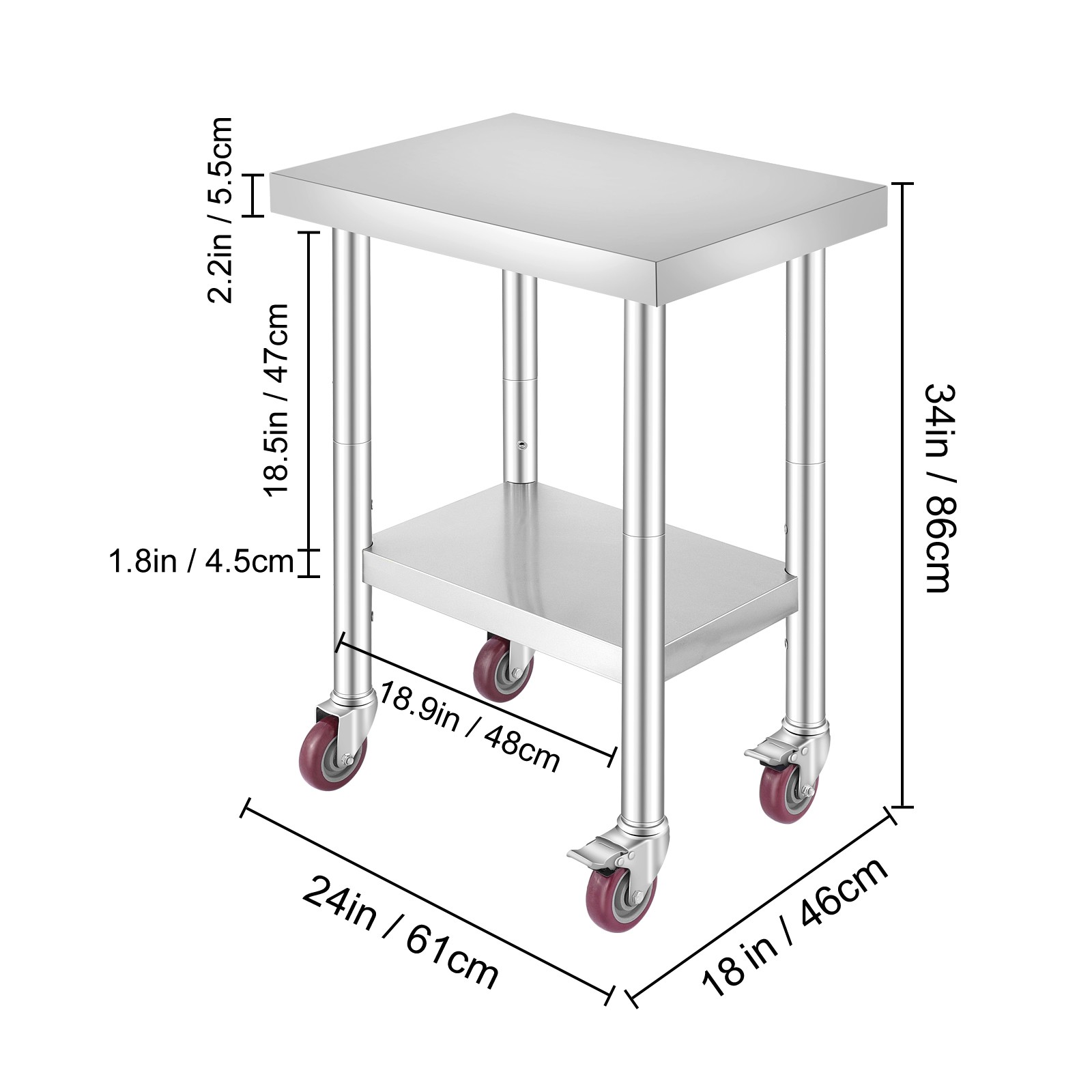 Rolling Stainless Steel Top Kitchen Work Table Cart + Casters Shelving 18″x24″