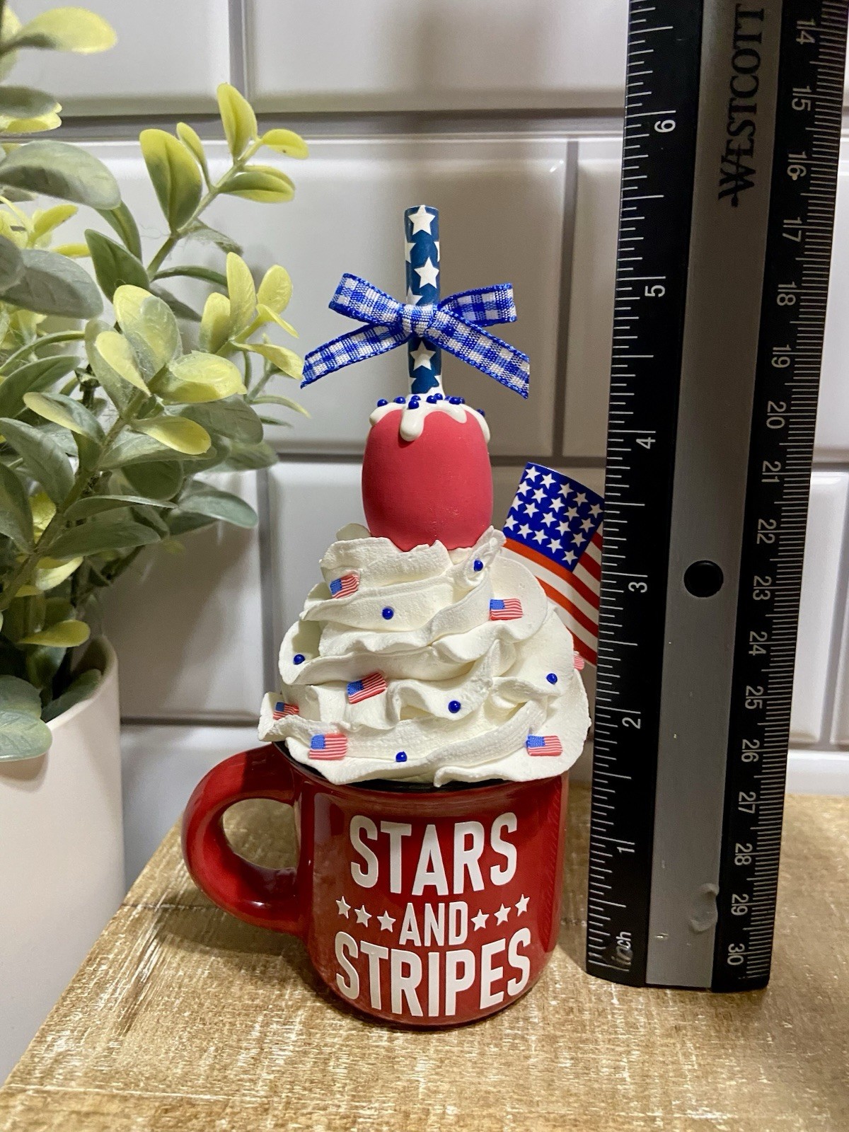 Cute USA Mini Ceramic Mug Faux Fake Whipped Cream Tiered Tray Decor PATRIOTIC