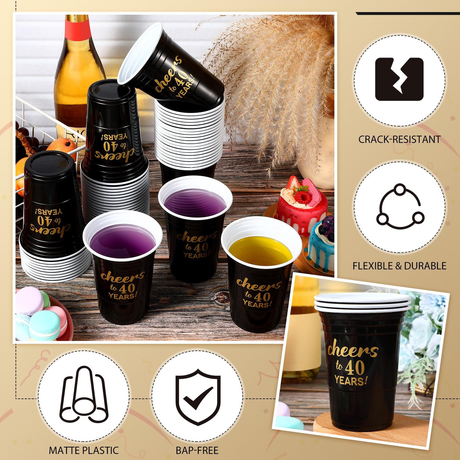 50 Pcs Cheers to 40 Years 16 oz Birthday Party Disposable Cups Black Gold Pla.