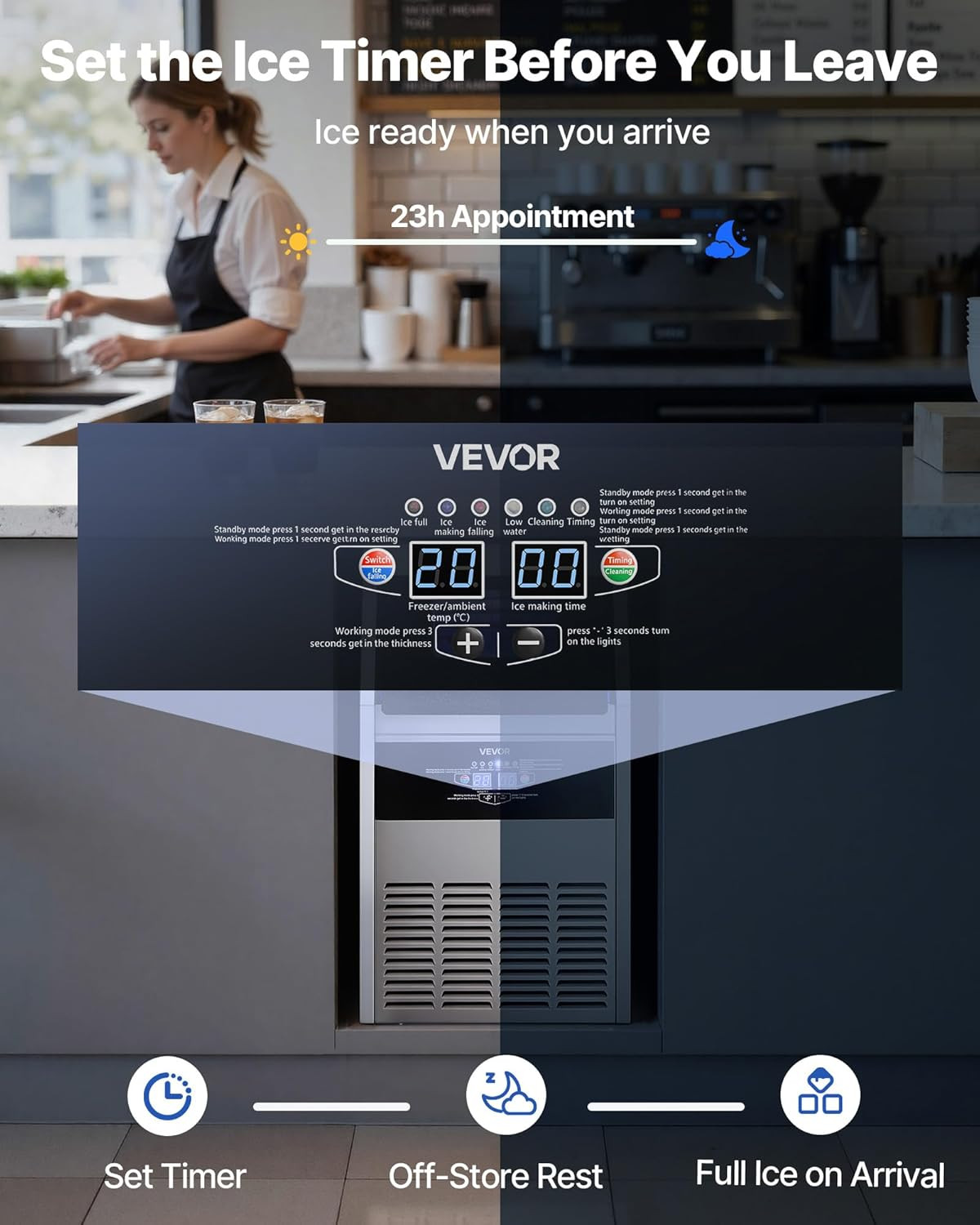 130 Lbs/24H Stainless Steel Ice Maker, Self-Cleaning, LED Display, Home/Bar Use