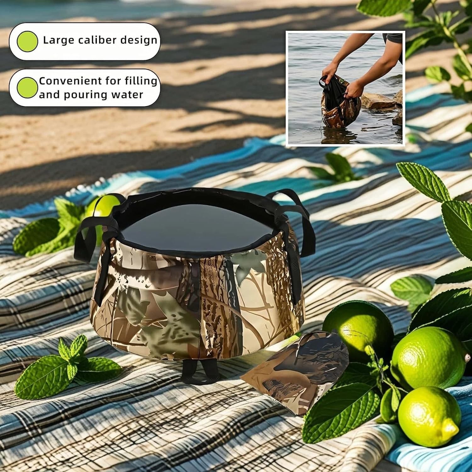 Leakproof Collapsible Basin – Versatile Camouflage Bucket for Camping & Travel