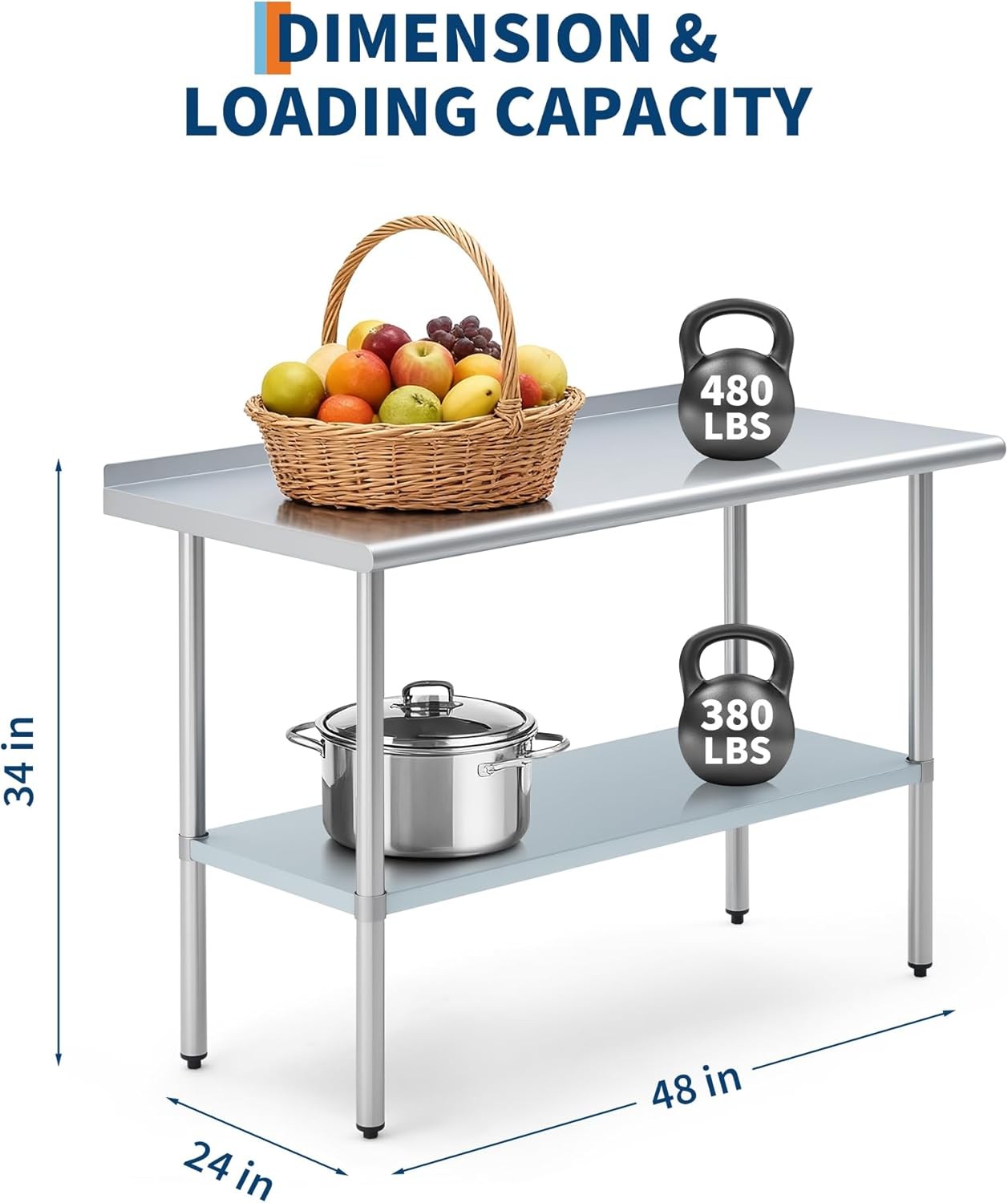 Stainless Steel Work Table 48×24» Prep Table w/Backsplash Adjustable Undershelf