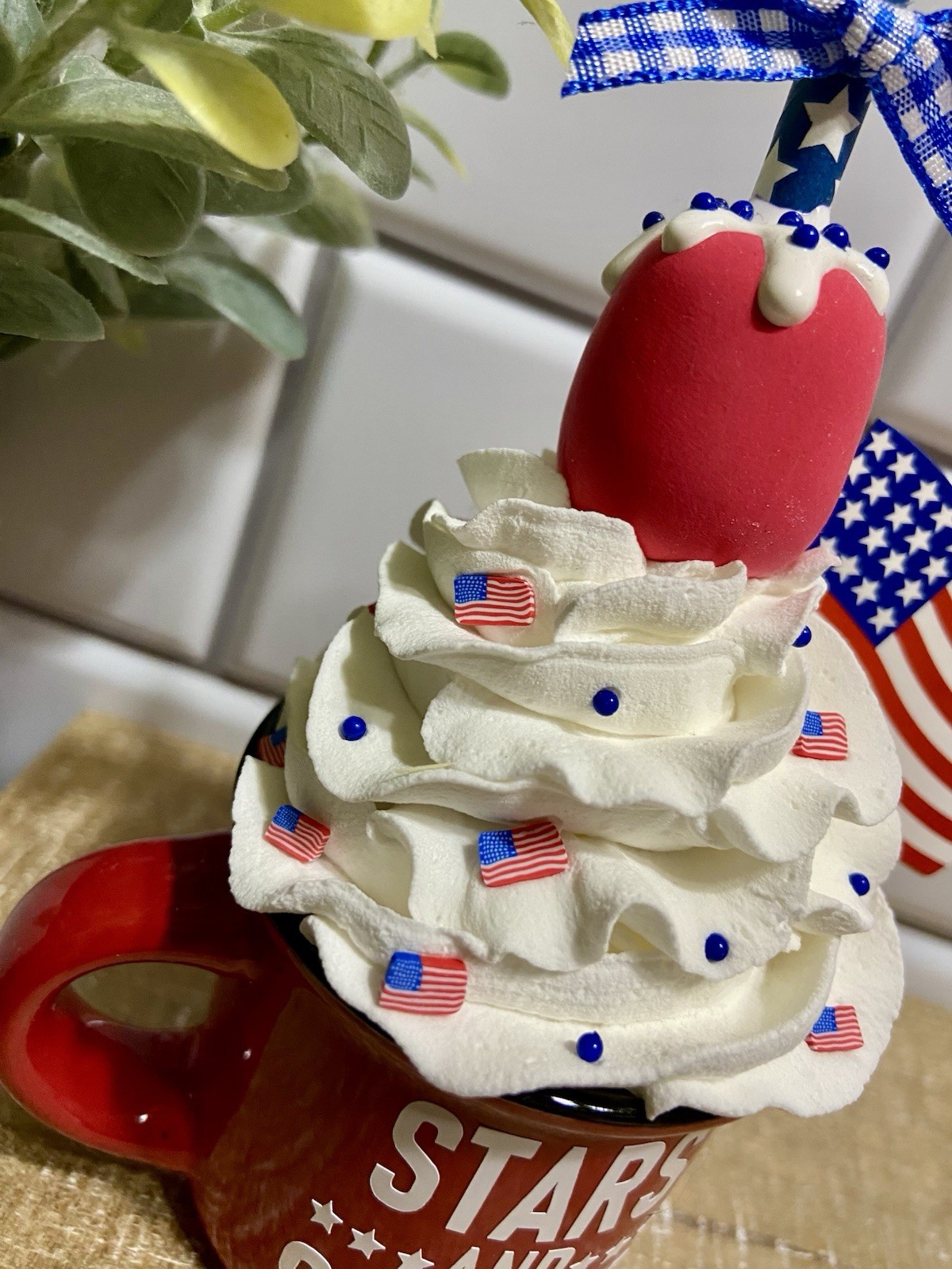 Cute USA Mini Ceramic Mug Faux Fake Whipped Cream Tiered Tray Decor PATRIOTIC