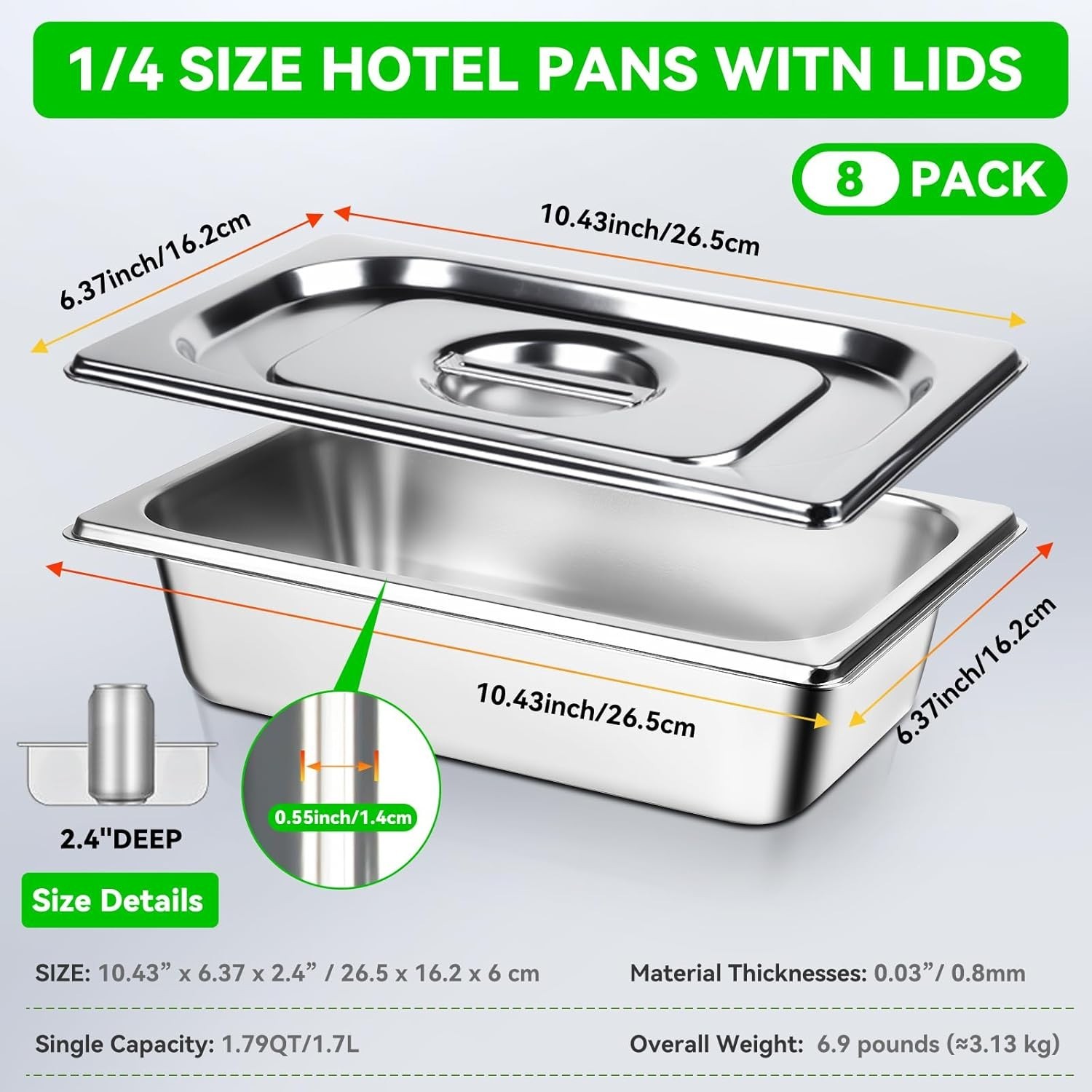 8Pack Hotel Pans with Lids 1/4 Stainless Steel Steam Table Pan 2.55″ Deep Hot…