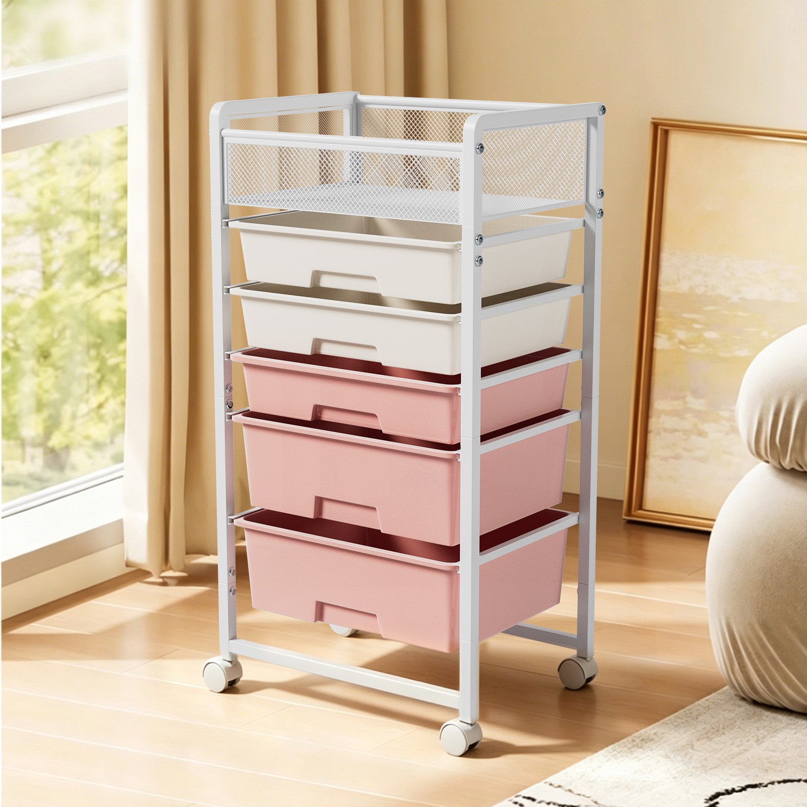 2 Pack 5-Tier Rotating Utility Cart Mobile Metal Storage Organizer Trolley White