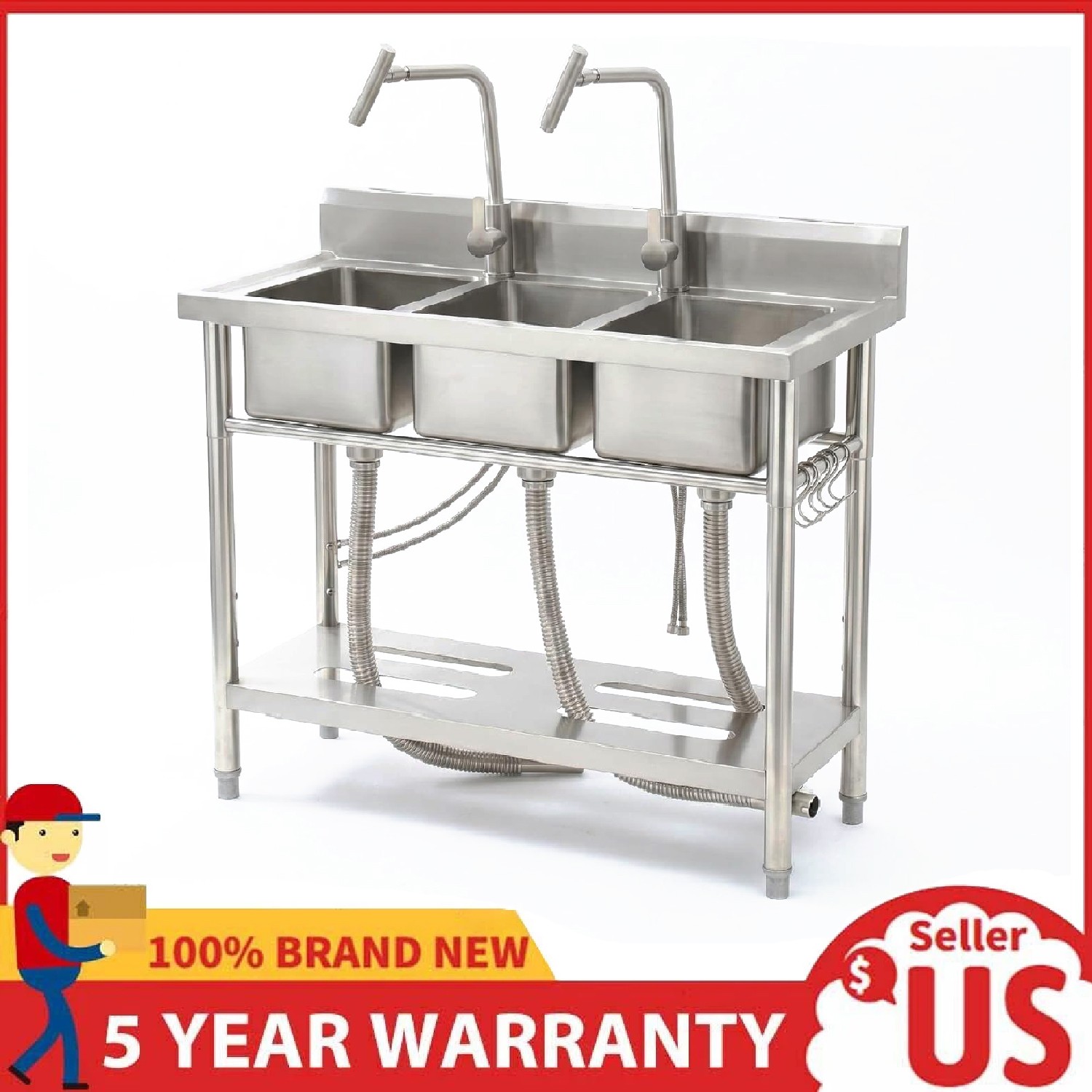 Stainless Steel Kitchen Utility Sink, Freestanding 3-Compartment Sink w/ Faucets