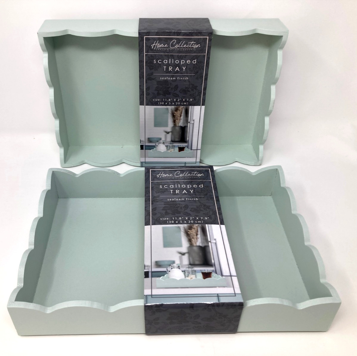Wood Scalloped Tray Dresser Tabletop Drawer Organization Seafoam Green Set of 2