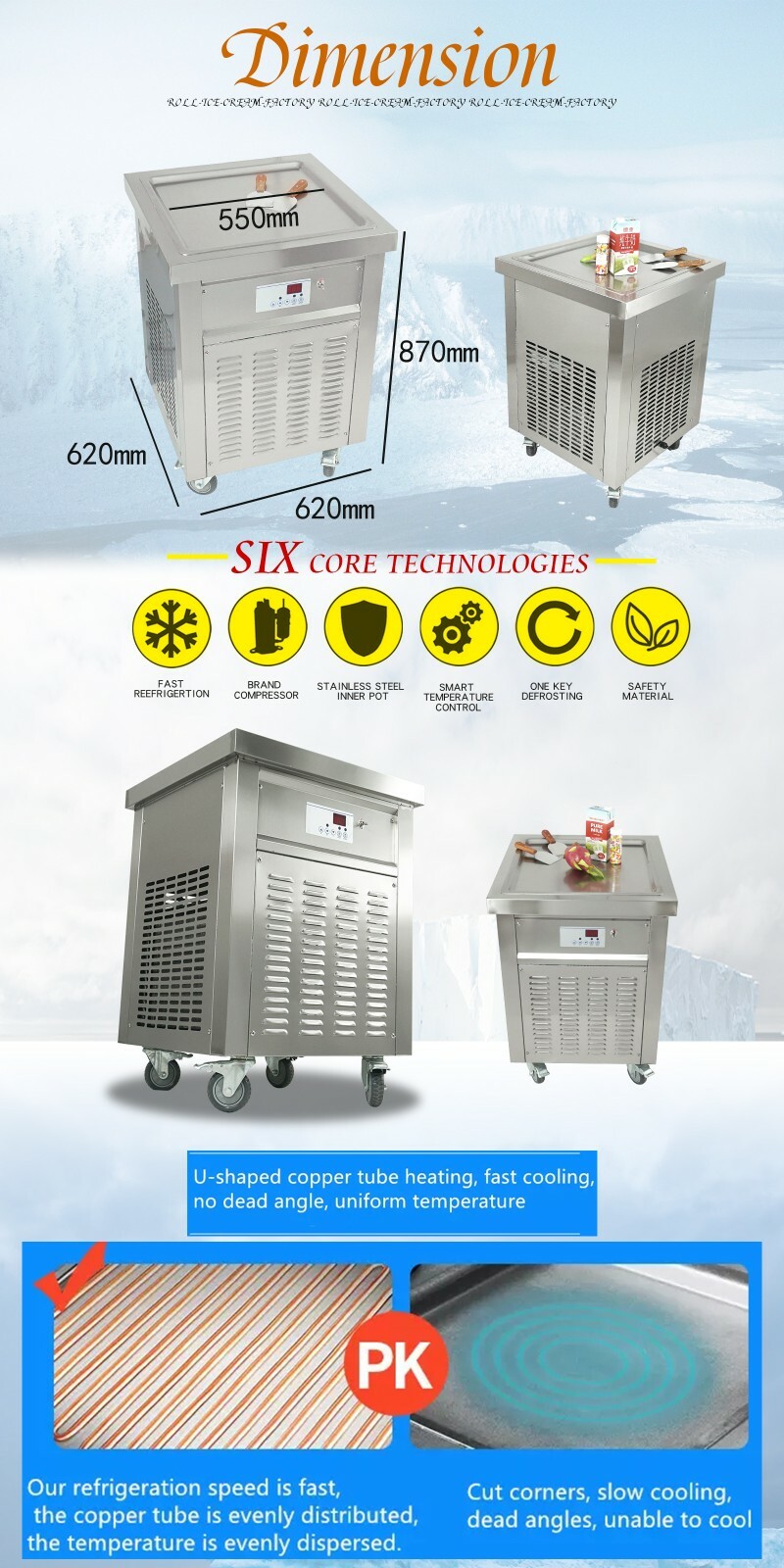 Kolice Commercial ETL 21″X21» Single Square Pan Fry ice Cream roll Machine