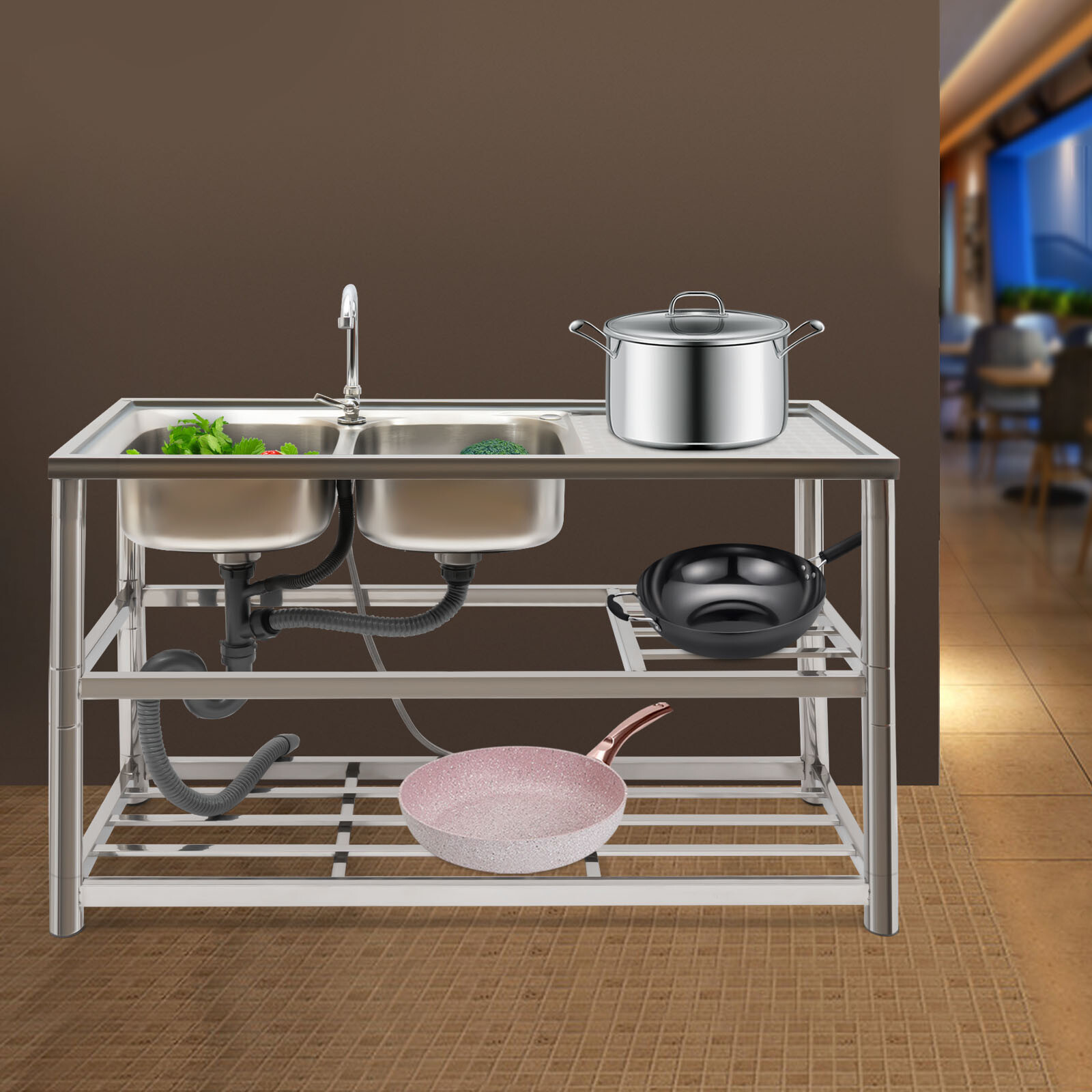 Commercial Sink Utility Sink 2 Compartment Kitchen W/ prep Table Stainless Steel