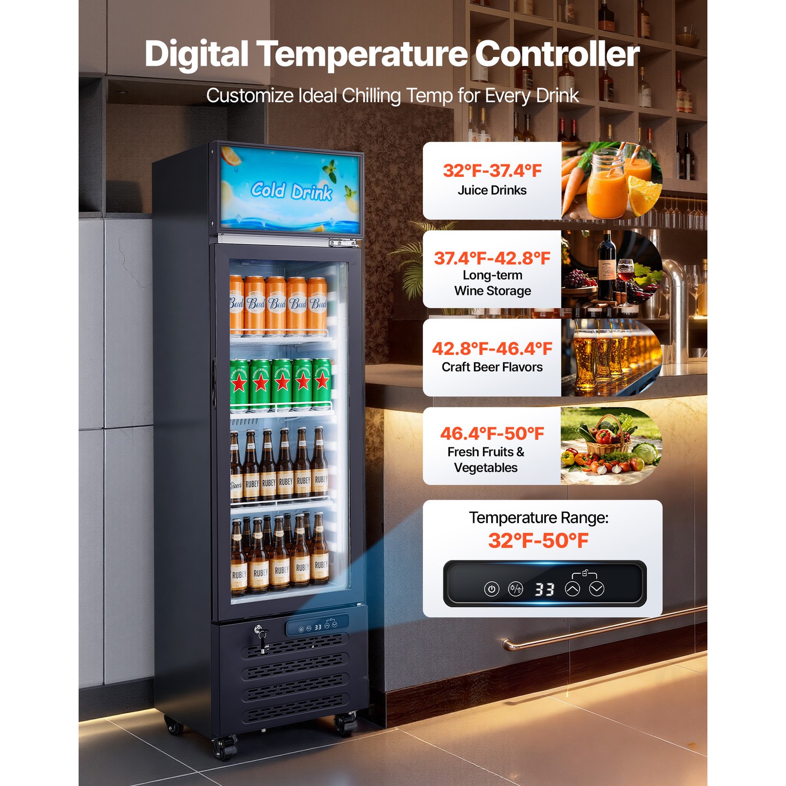 Uimoso Commercial Upright Refrigerator 6.1 Cu.Ft Beverage Display Cooler