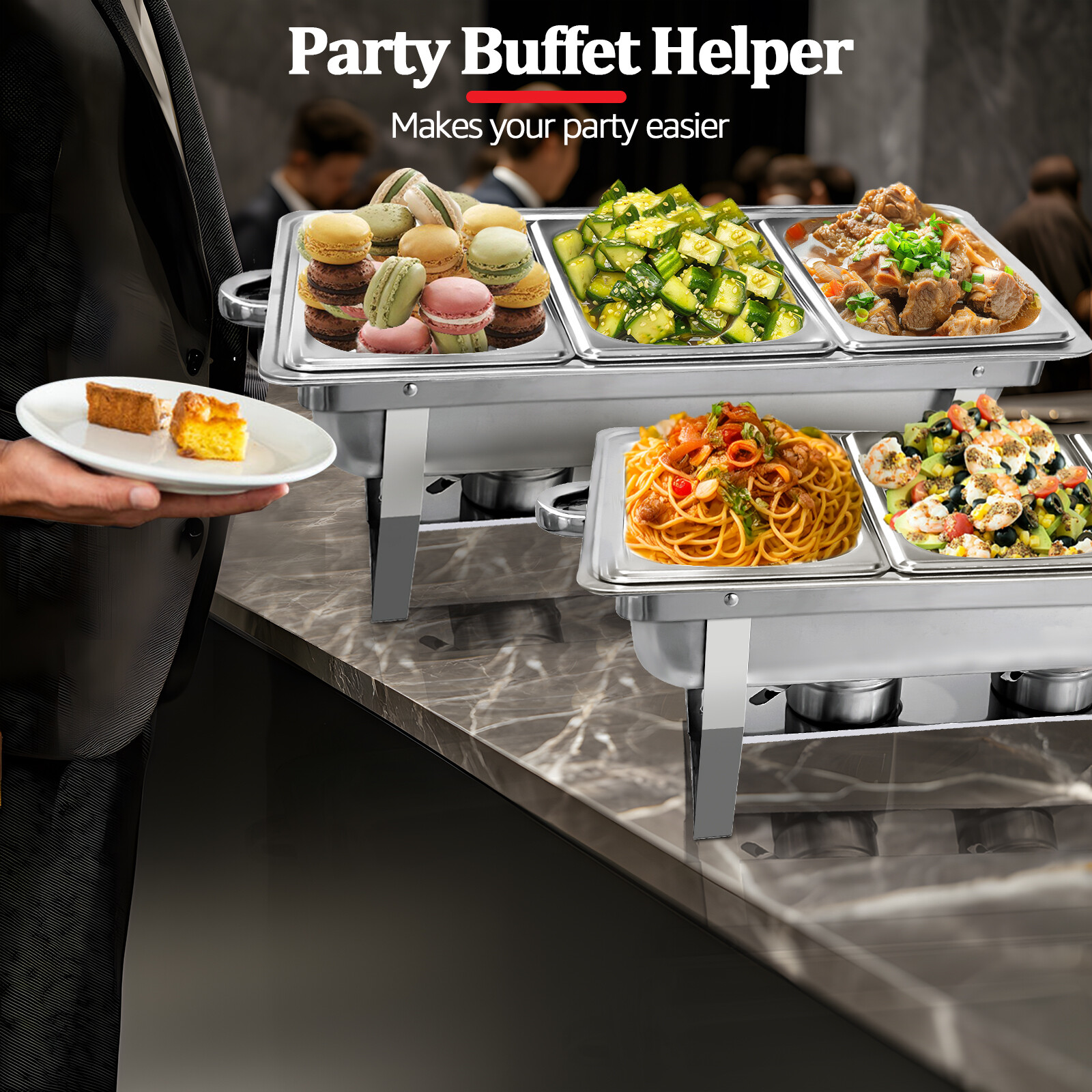 2 Set Chafing Dishes For Buffet Food Warmers For Parties Events Rectangle 8QT