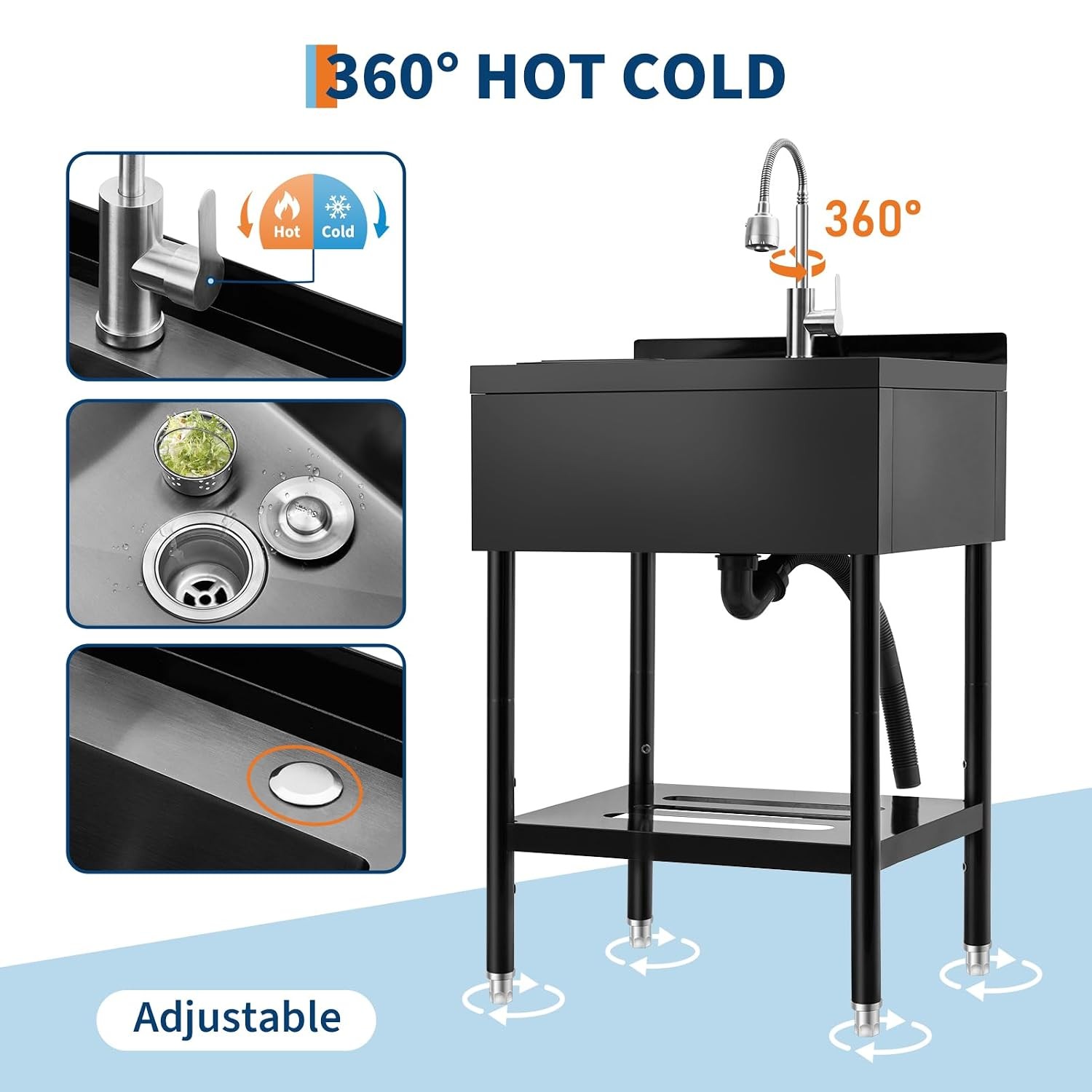 Black Adjustable Stainless Steel Utility Basin Single Bowl Freestanding w/Faucet