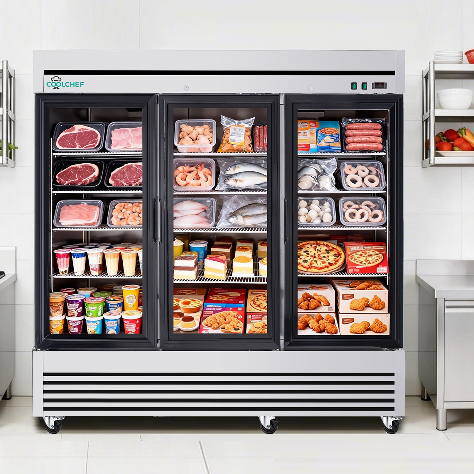Commercial 81» Reach-In Refrigerator Stainless Steel Glass 3 Doors 72 Cu.ft.