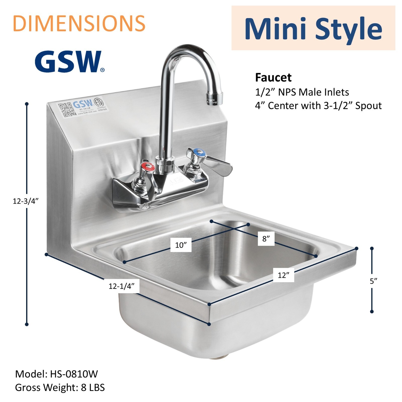 GSW HS-0810W Mini Style 12″ x 12″ Stainless Steel Wall Mount Hand Sink w/ Faucet