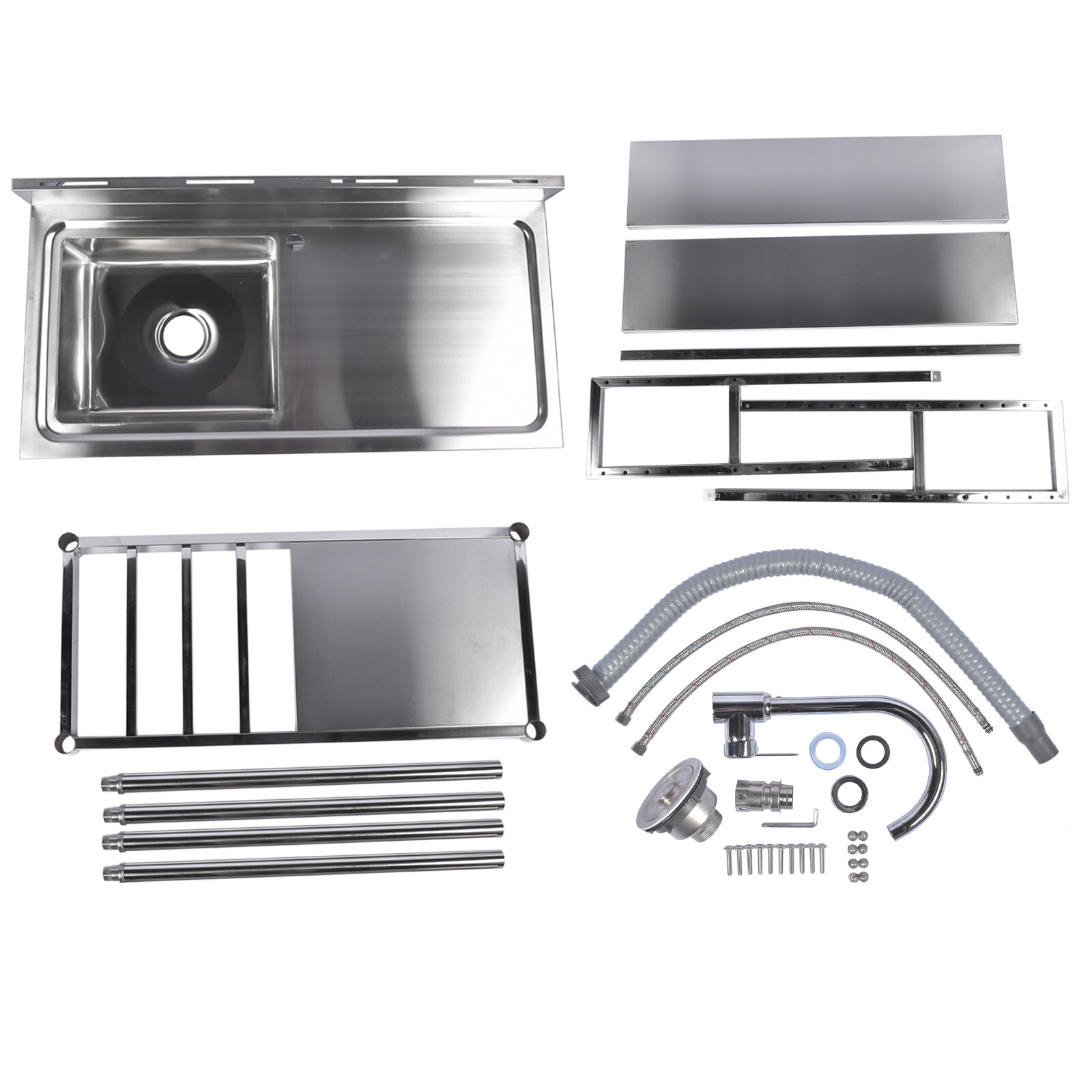 39.4in Stainless Steel Utility Sink Set, Single Bowl Commercial Sink w/ Shelves