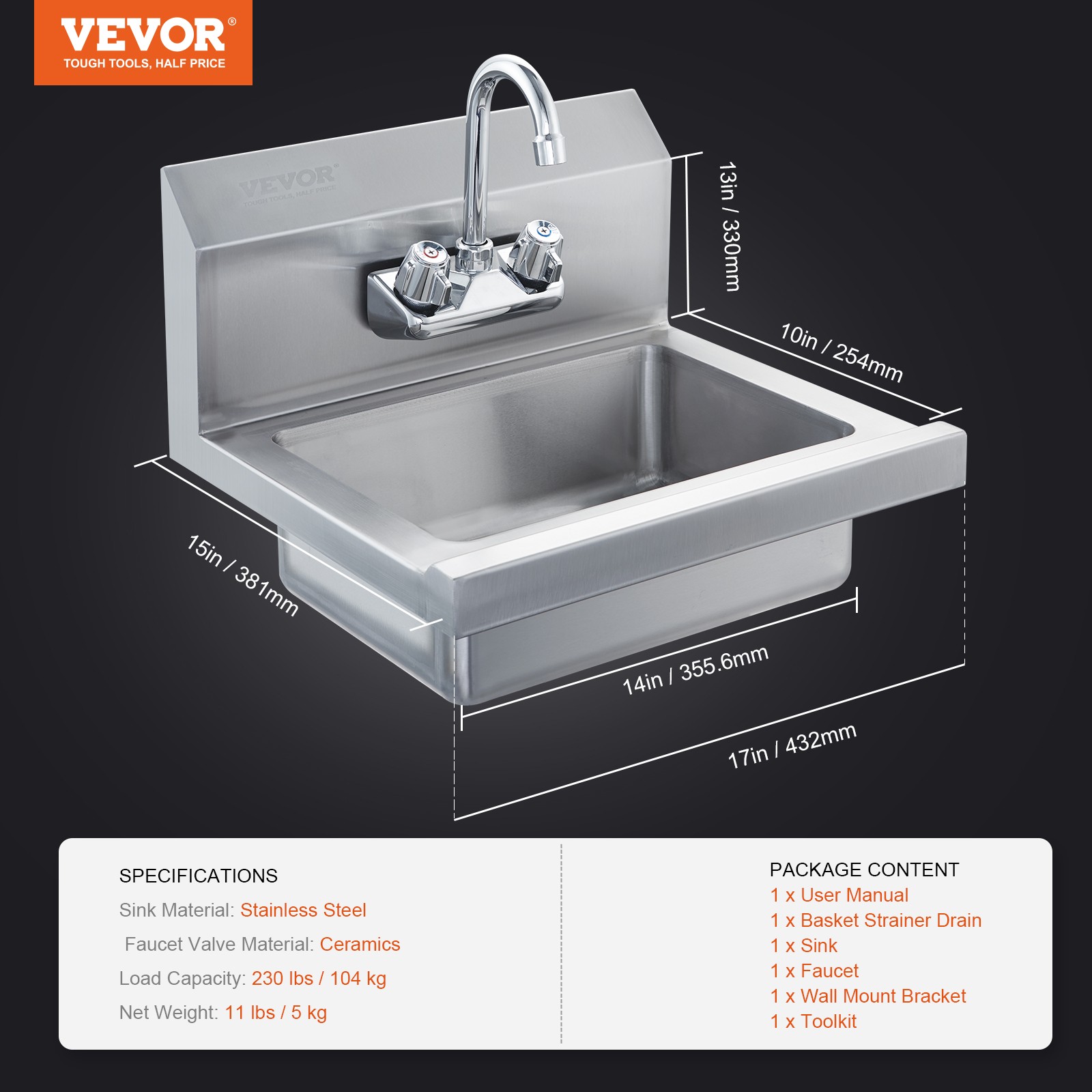 VEVOR 17″x12.8″ Commercial Hand Wash Sink Wall Mount Basin Stainless Steel NSF